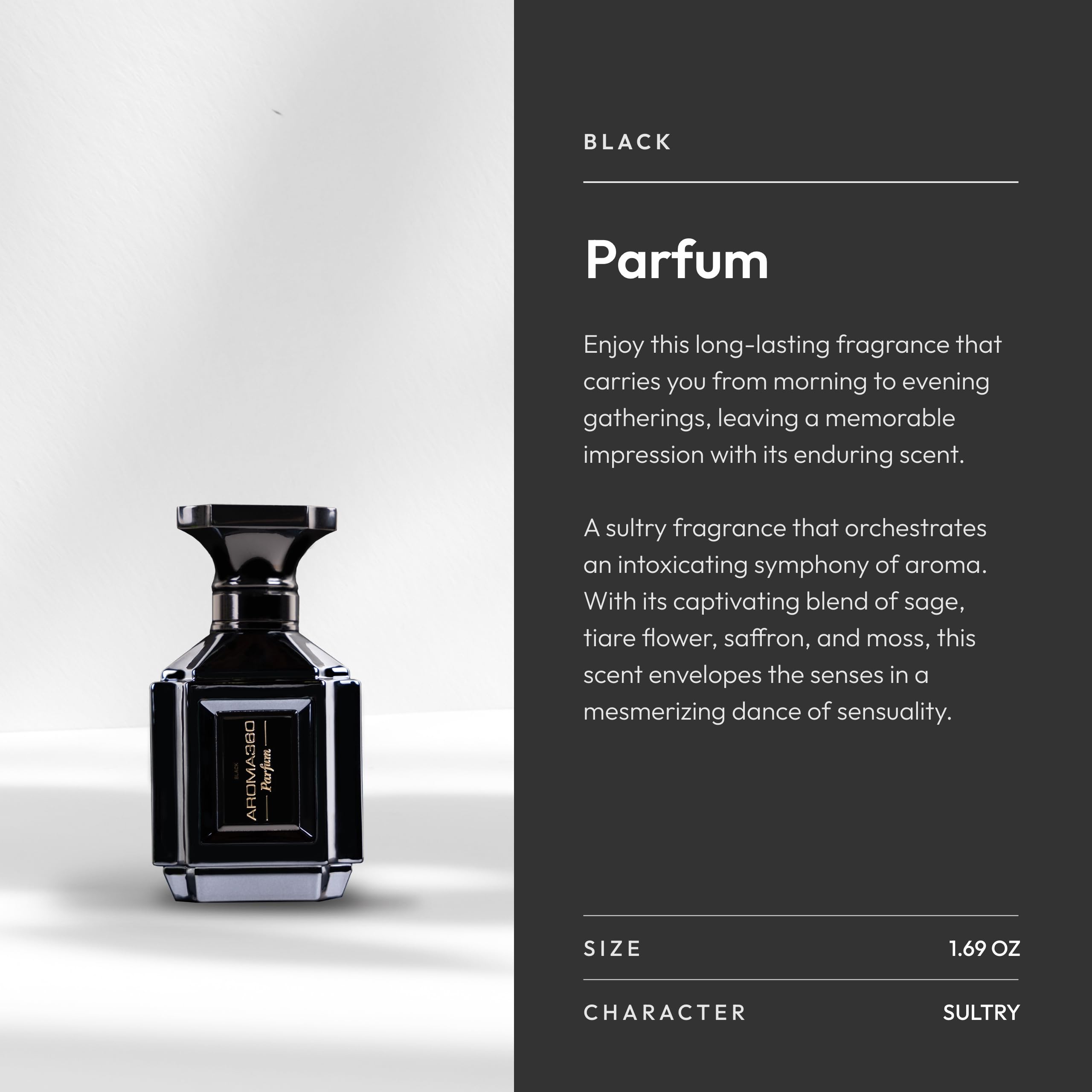 Aroma360 Men's Cologne Black Parfum | Sage, Tiaré Flower, Saffron & Moss – 100mL