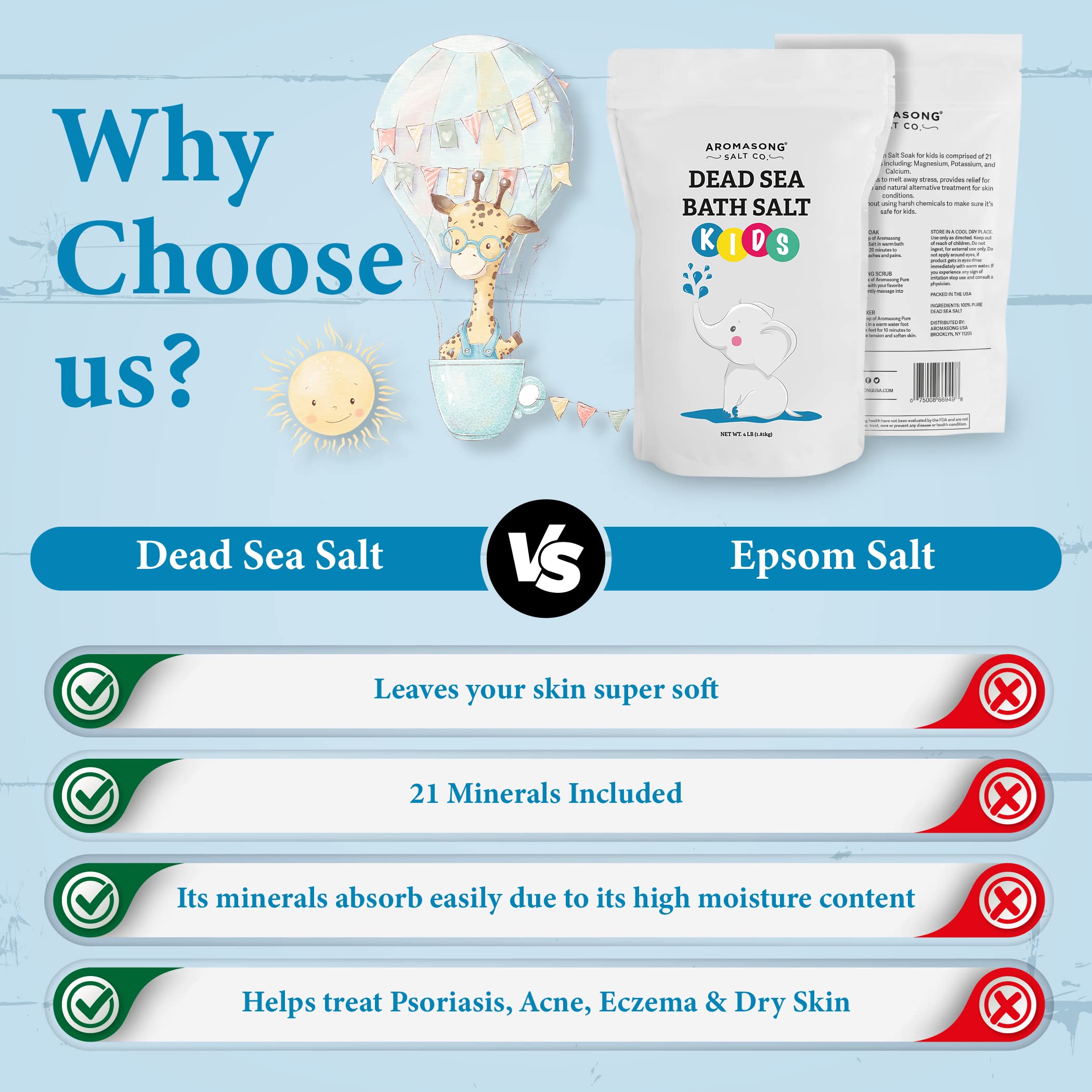 Aromasong Dead Sea Salt for Kids Bath Soak – 4 Lbs Fine Grain, 100% Pure & Natural