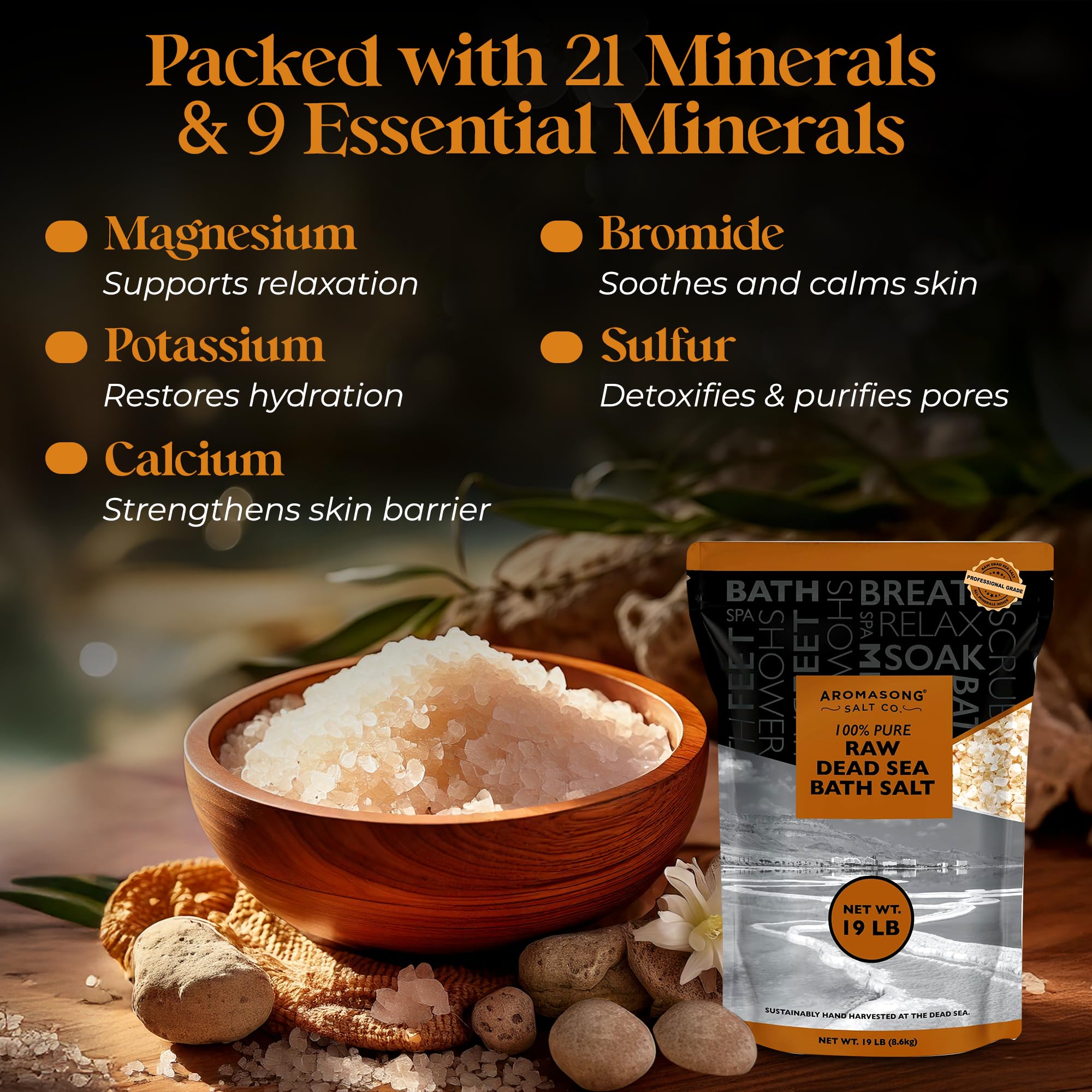 Aromasong Raw Dead Sea Bath Salt – 19 lb Bulk with Dead Sea Mud