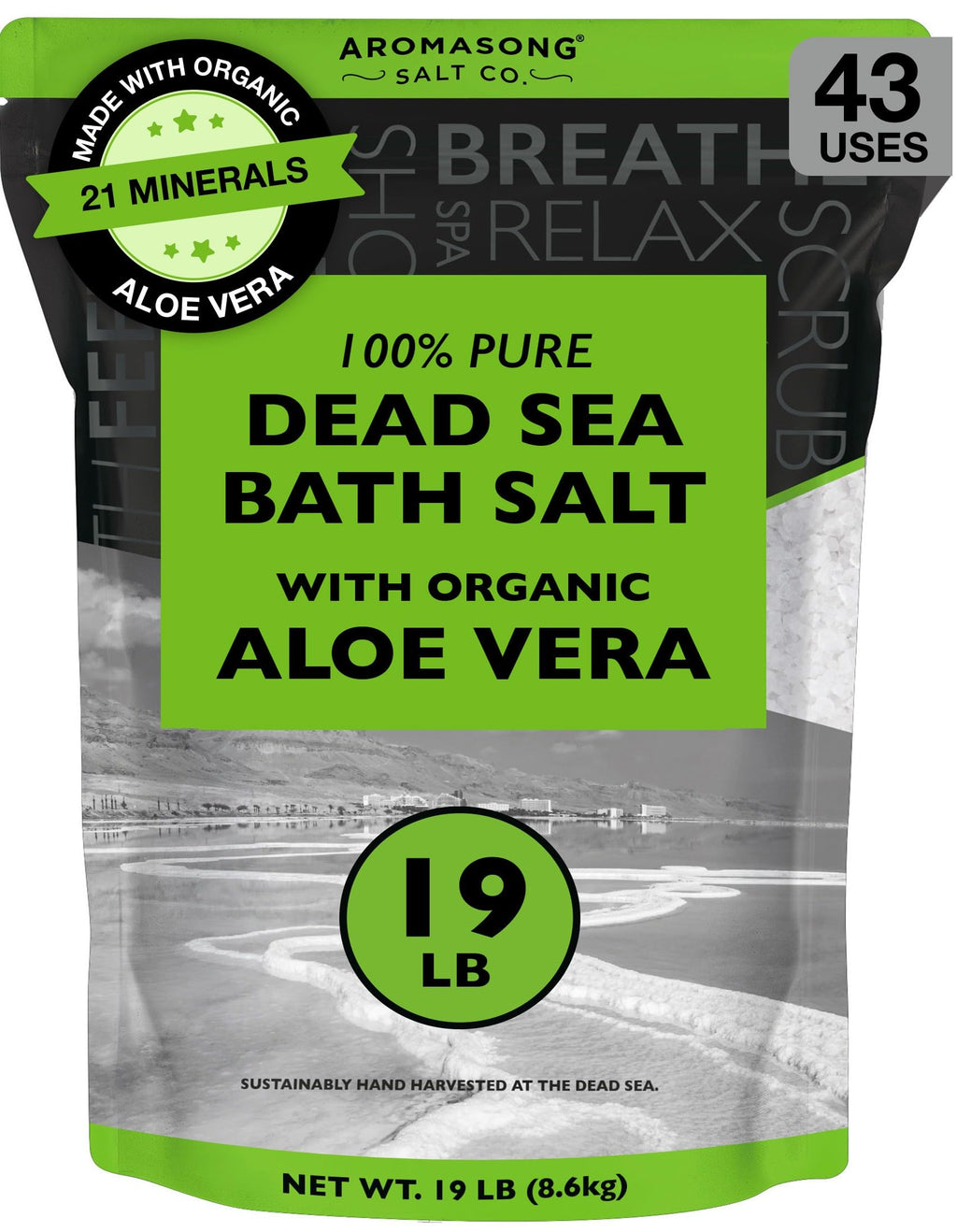 Aromasong Dead Sea Salt with Organic Aloe Vera – 19 Lbs Bulk Spa Bath Salts, Pure & Natural