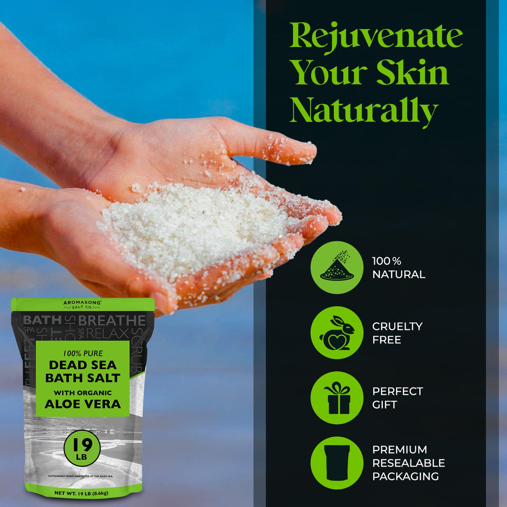 Aromasong Dead Sea Salt with Organic Aloe Vera – 19 Lbs Bulk Spa Bath Salts, Pure & Natural