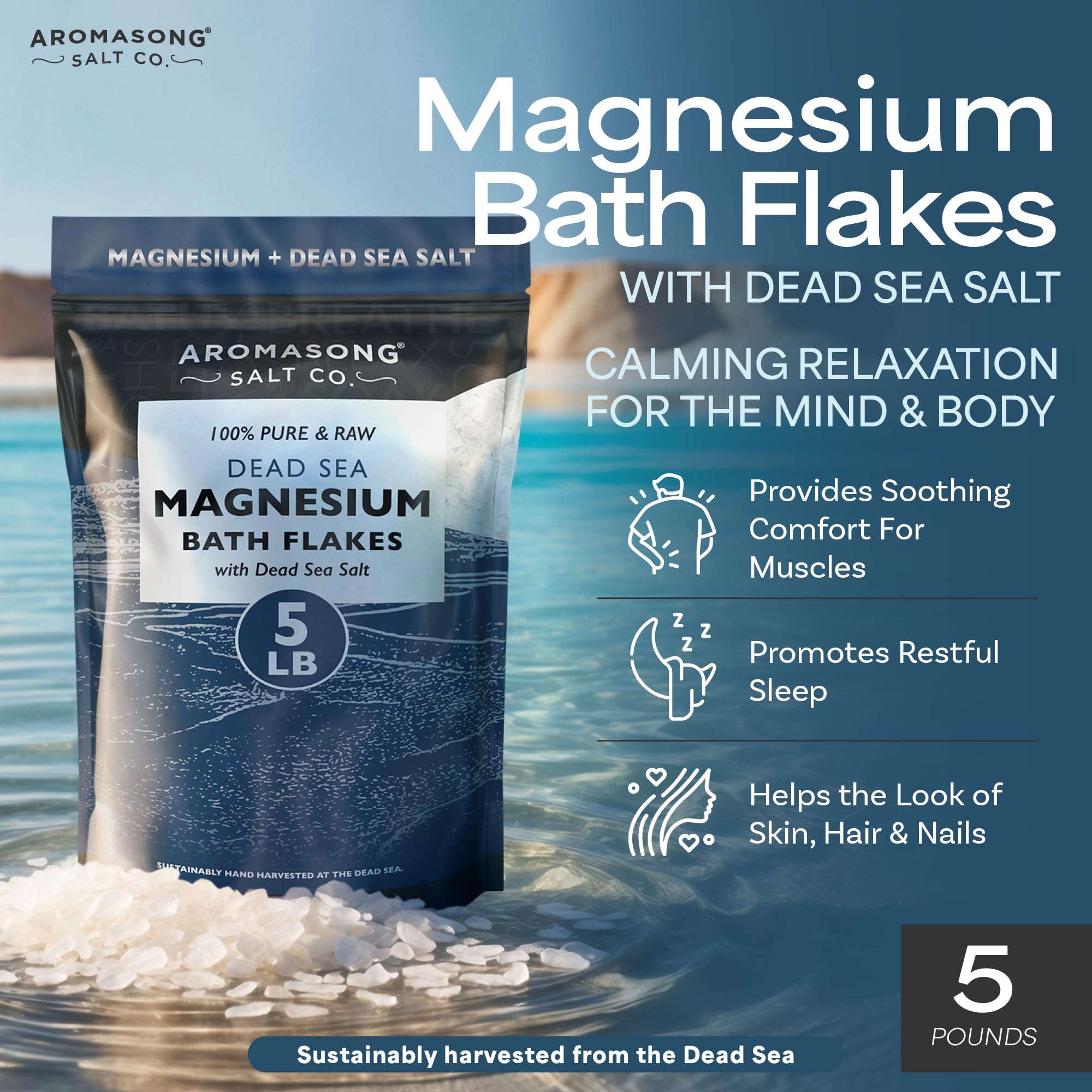 Aromasong Raw Magnesium Flakes for Bath + Dead Sea Salt – 5 lb Resealable Pack