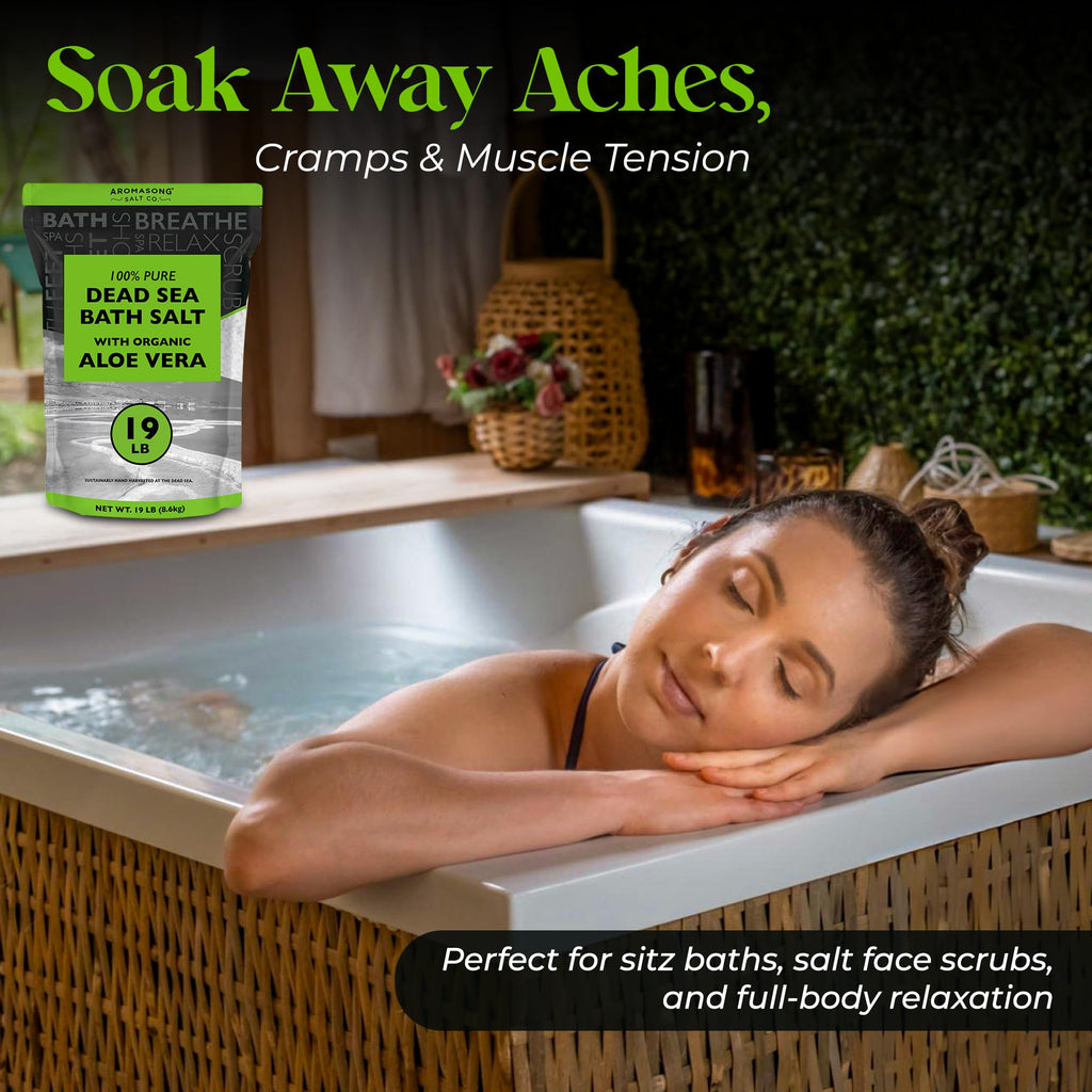 Aromasong Dead Sea Salt with Organic Aloe Vera – 19 Lbs Bulk Spa Bath Salts, Pure & Natural