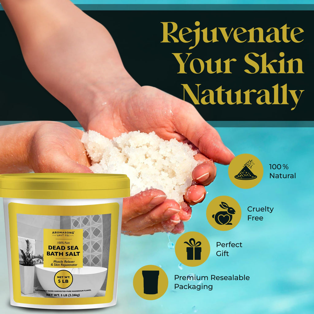Aromasong Dead Sea Salts for Soaking - 5 Lb Fine Grain Bath Salt in Bucket | Pure Mineral Salt