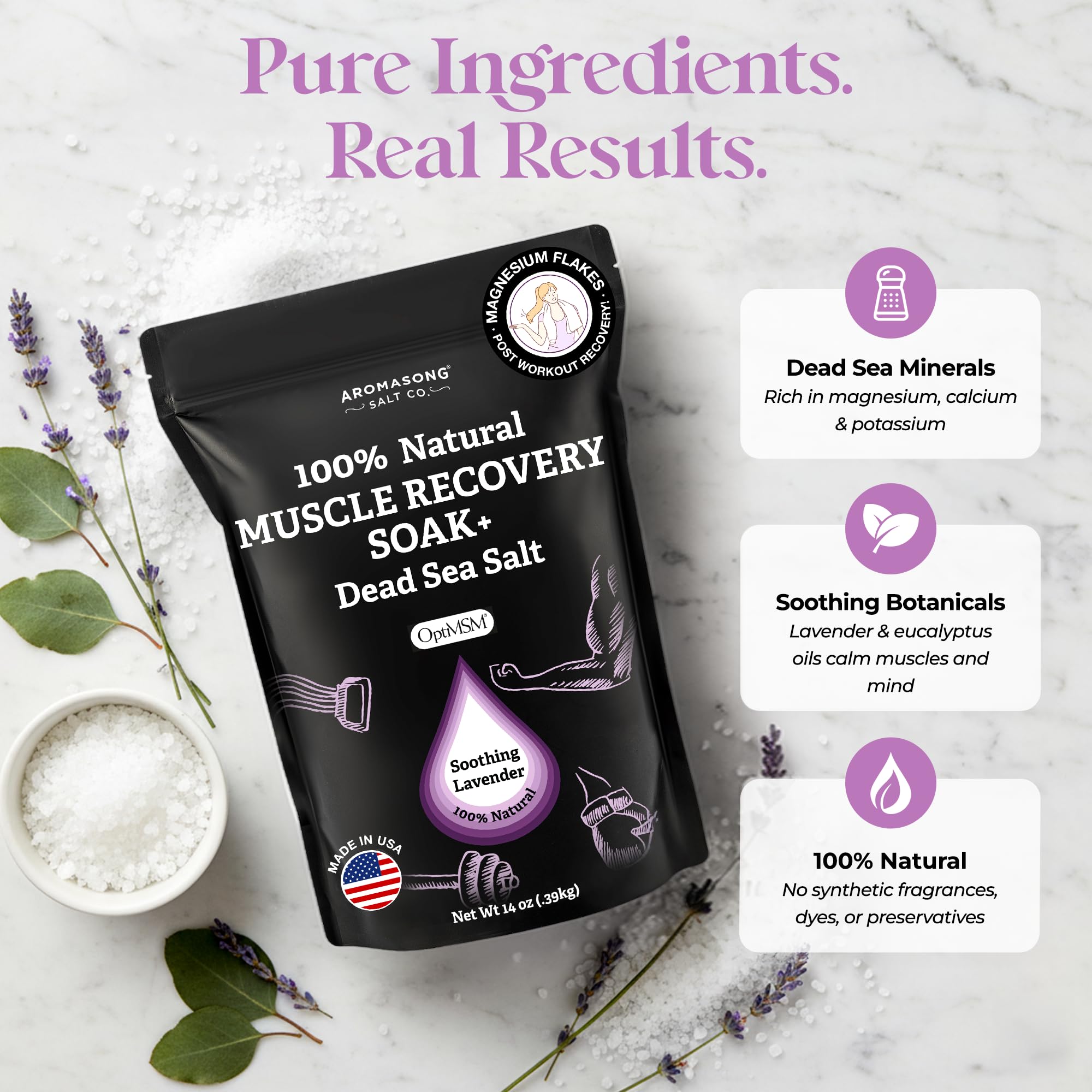 Aromasong Muscle Recovery Bath Soak – Dead Sea Salt, OptiMSM & Magnesium Flakes | Made in USA