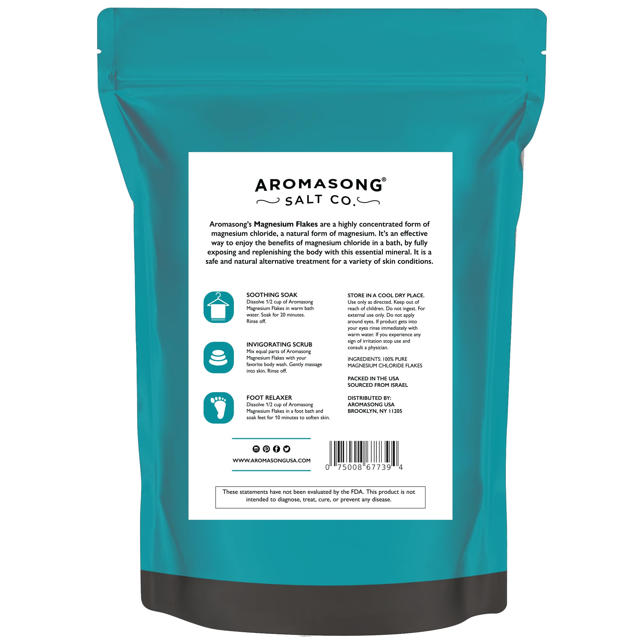 Aromasong Magnesium Flakes for Bath – Dead Sea Mineral Bath Salt, 4 lb Resealable Pack