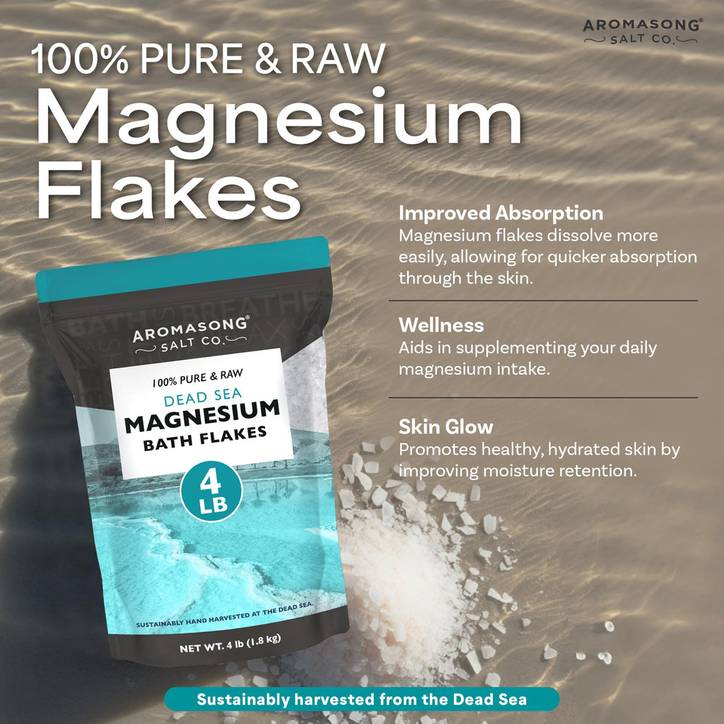 Aromasong Magnesium Flakes for Bath – Dead Sea Mineral Bath Salt, 4 lb Resealable Pack