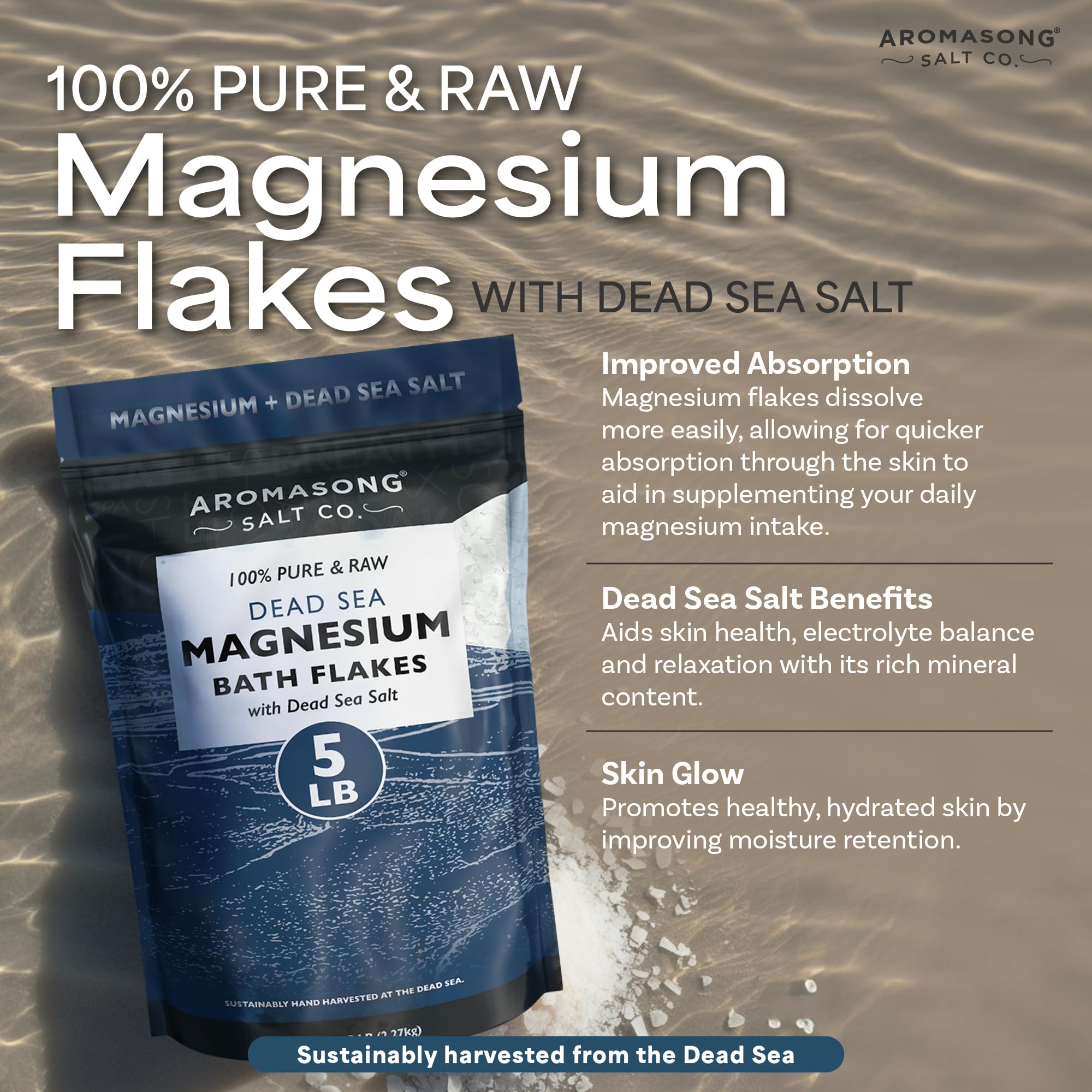 Aromasong Raw Magnesium Flakes for Bath + Dead Sea Salt – 5 lb Resealable Pack