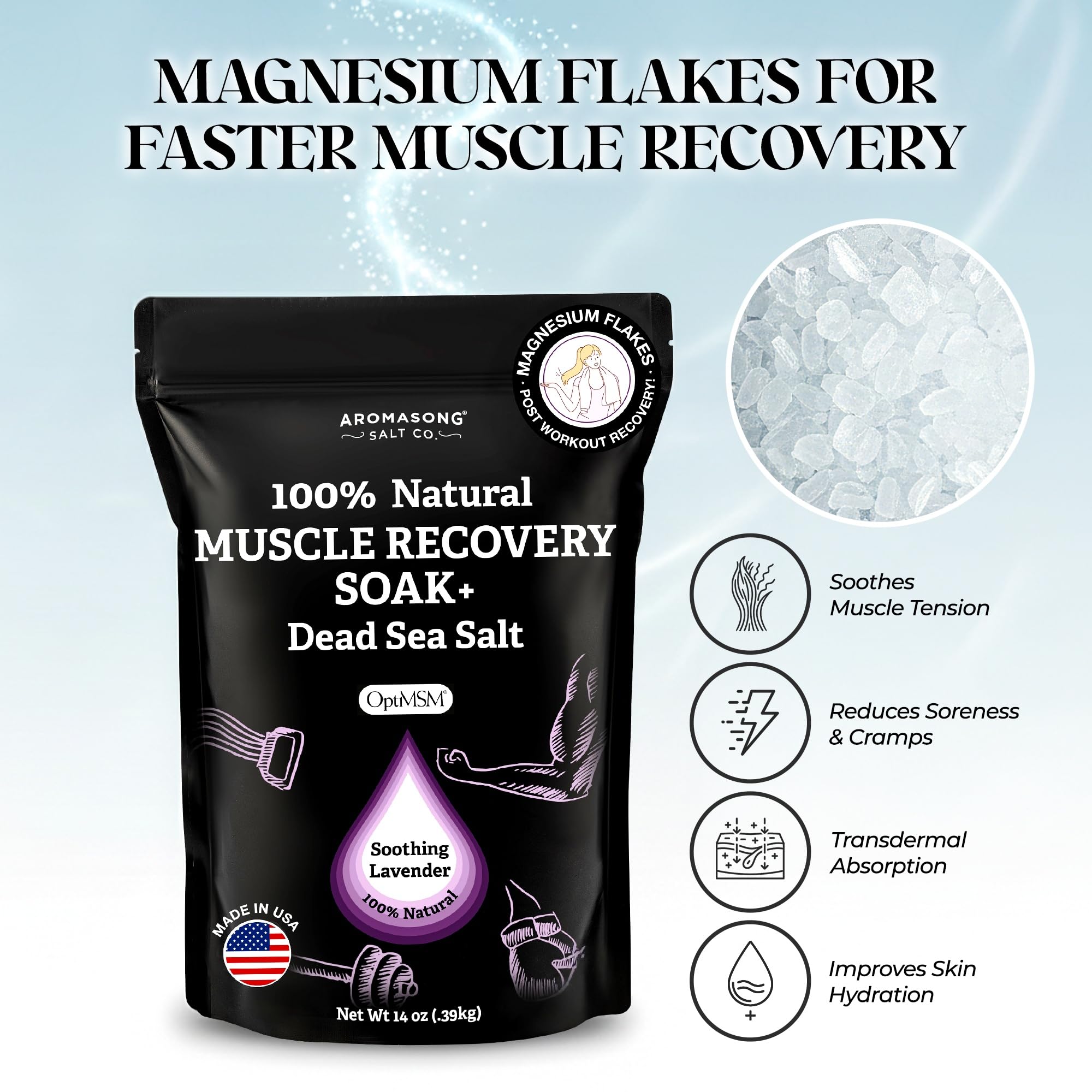 Aromasong Muscle Recovery Bath Soak – Dead Sea Salt, OptiMSM & Magnesium Flakes | Made in USA