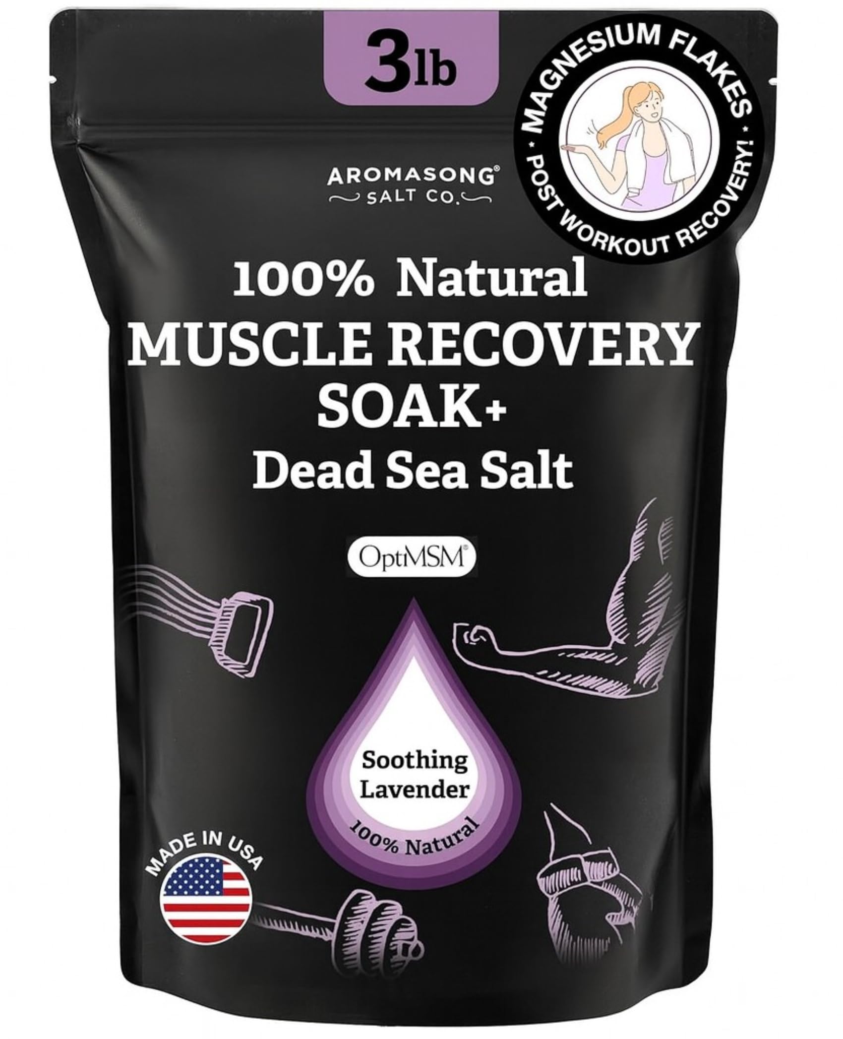 Aromasong Muscle Recovery Bath Soak – Dead Sea Salt, OptiMSM & Magnesium Flakes | Made in USA