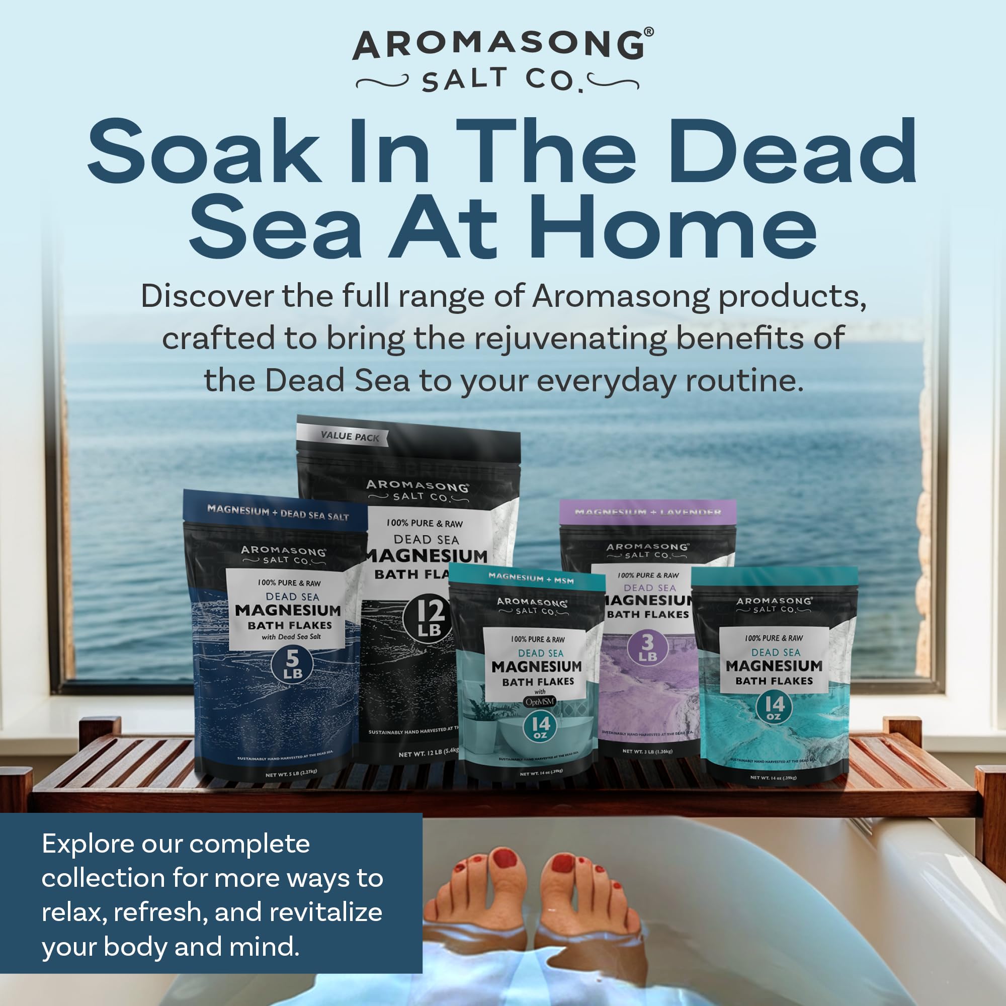 Aromasong Raw Magnesium Flakes for Bath + Dead Sea Salt – 5 lb Resealable Pack