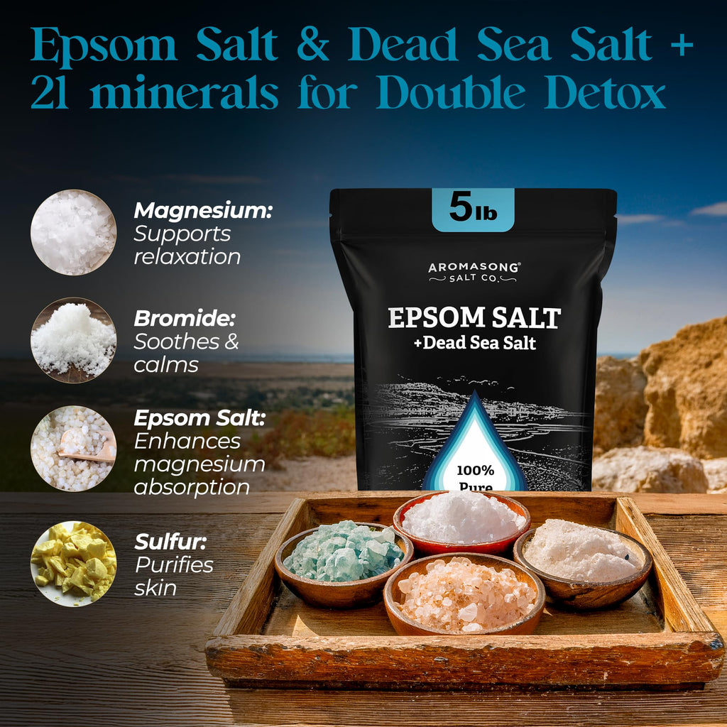 Aromasong Epsom Salt with Dead Sea Salt – 5 lb Bath Salt for Foot & Muscle Soaks