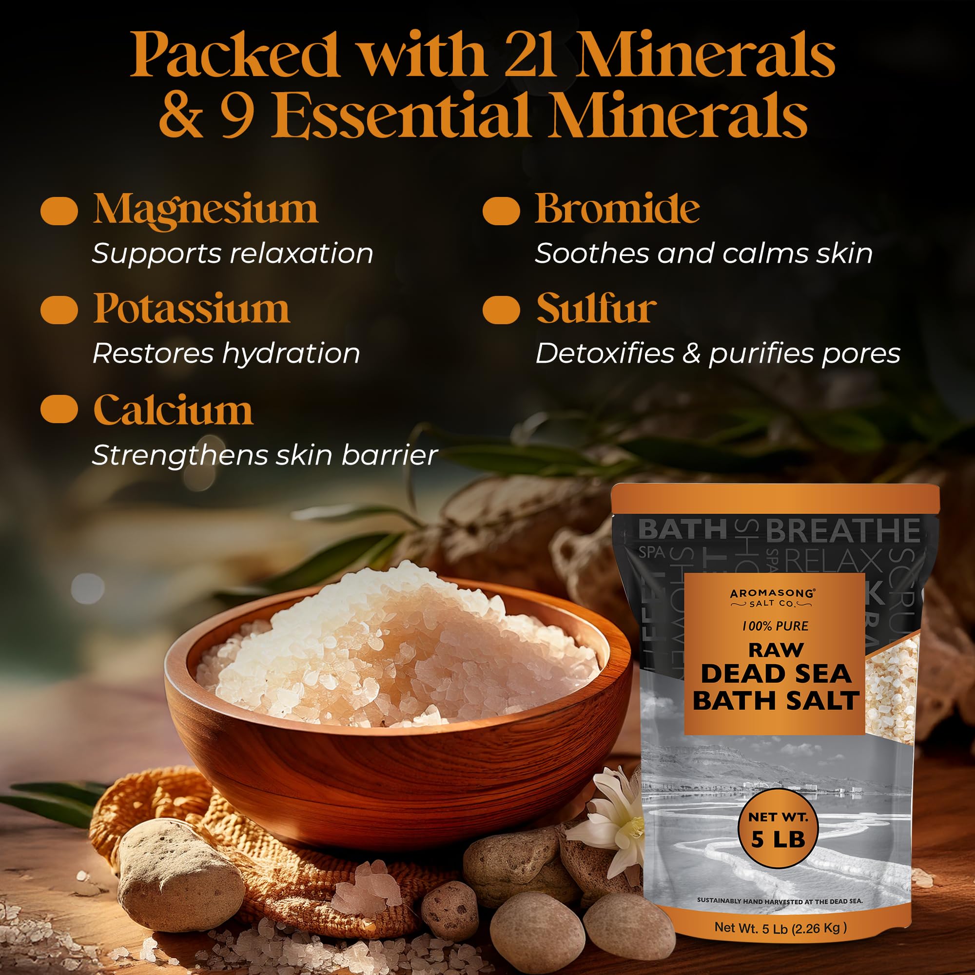 Aromasong Raw Dead Sea Bath Salt – 5 lb, Minimally Cleaned with Dead Sea Mud