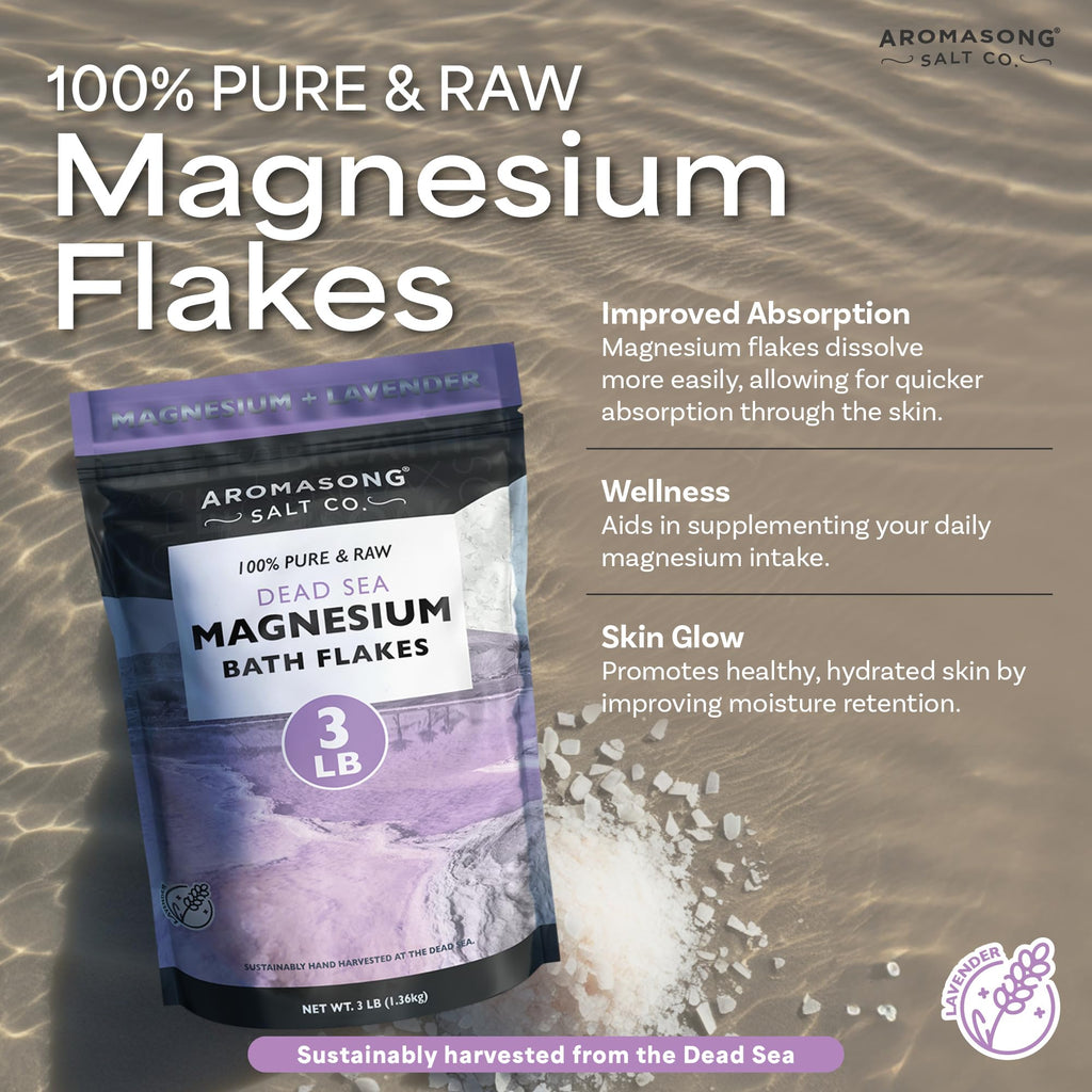 Aromasong RAW Magnesium Bath Flakes with Lavender – 3 lb Dead Sea Magnesium Chloride Mineral Soak