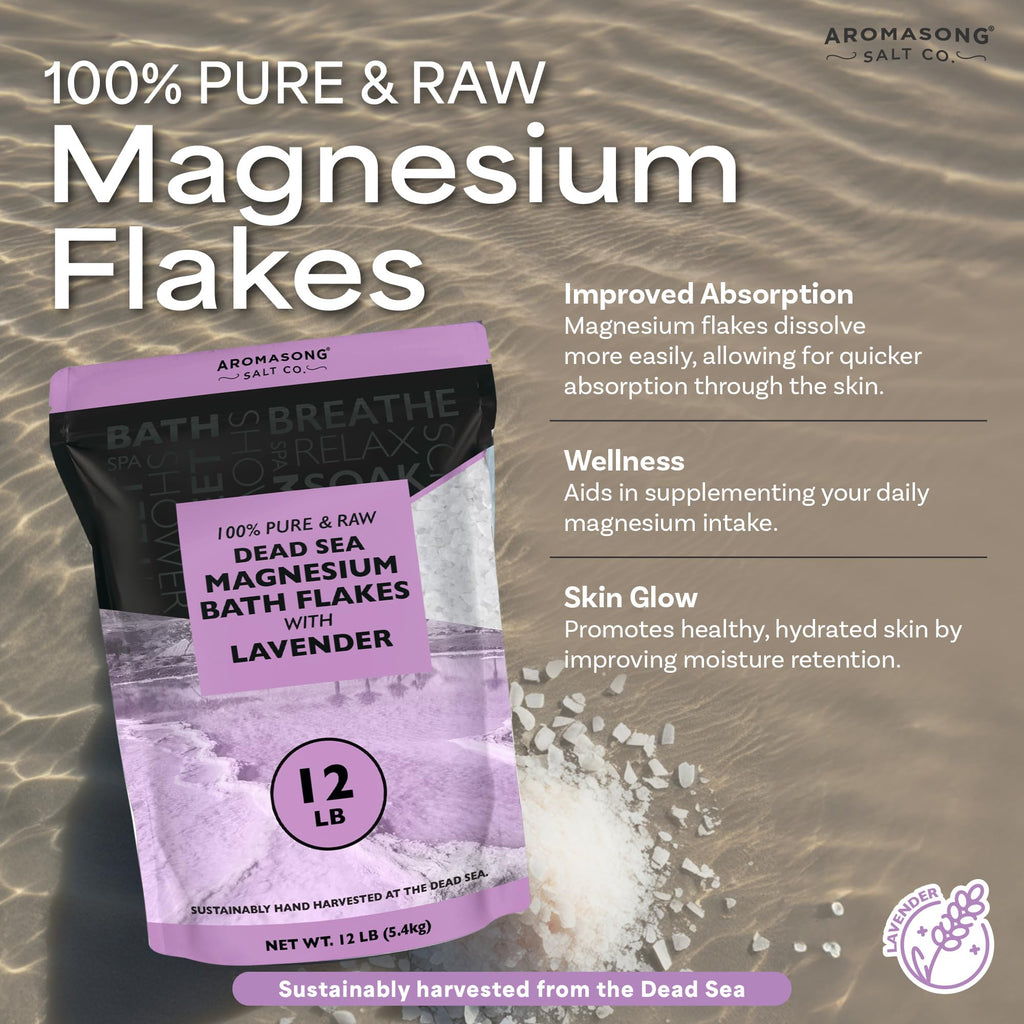 Aromasong RAW Magnesium Bath Flakes with Lavender – 12 lb Bulk Dead Sea MgCl2 Mineral Soak