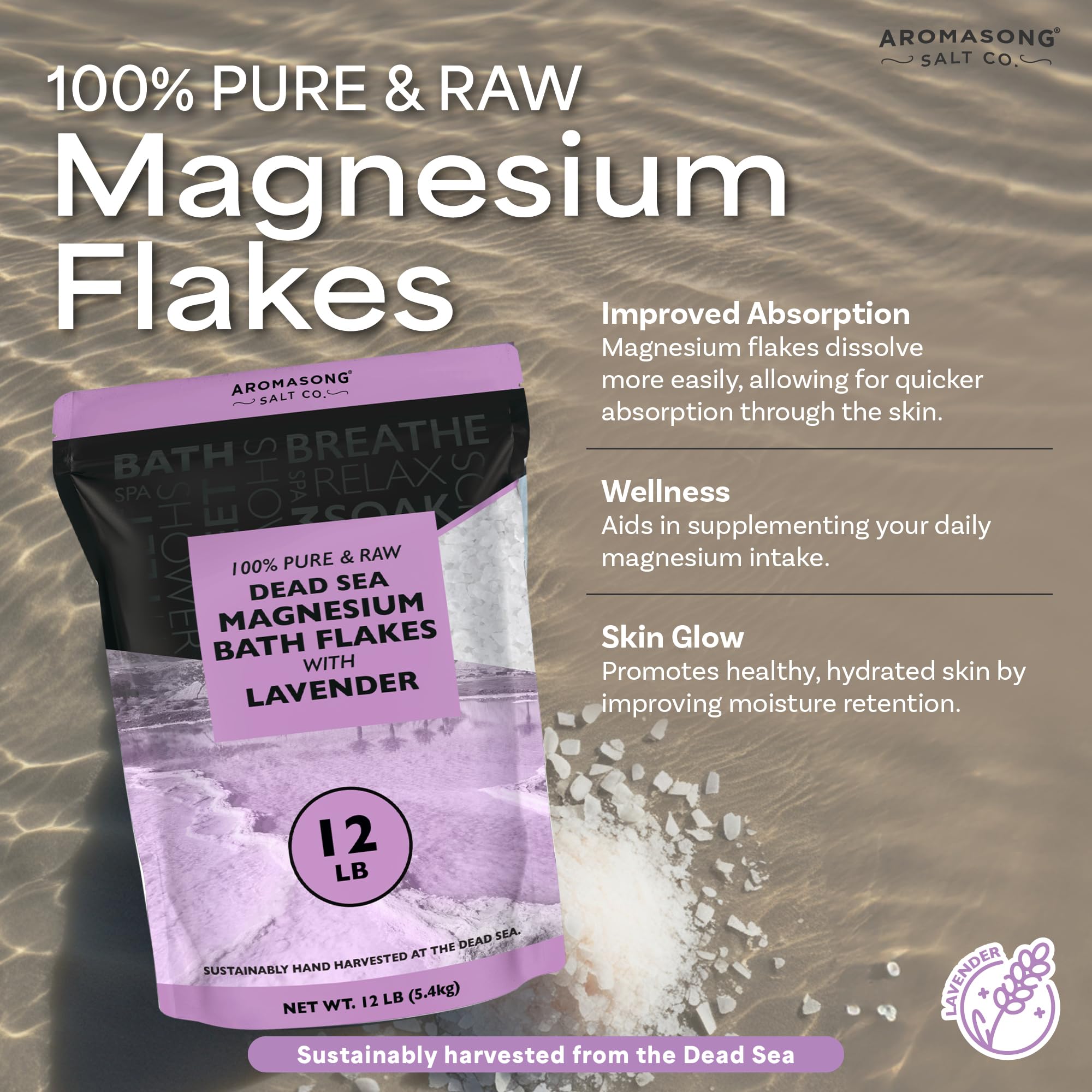 Aromasong RAW Magnesium Bath Flakes with Lavender – 12 lb Bulk Dead Sea MgCl2 Mineral Soak