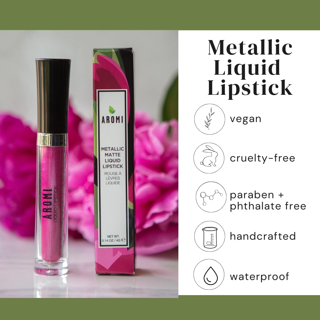 Aromi Hot Pink Metallic Liquid Lipstick – Fab Flamingo | Vegan, Cruelty-Free, Long-Lasting
