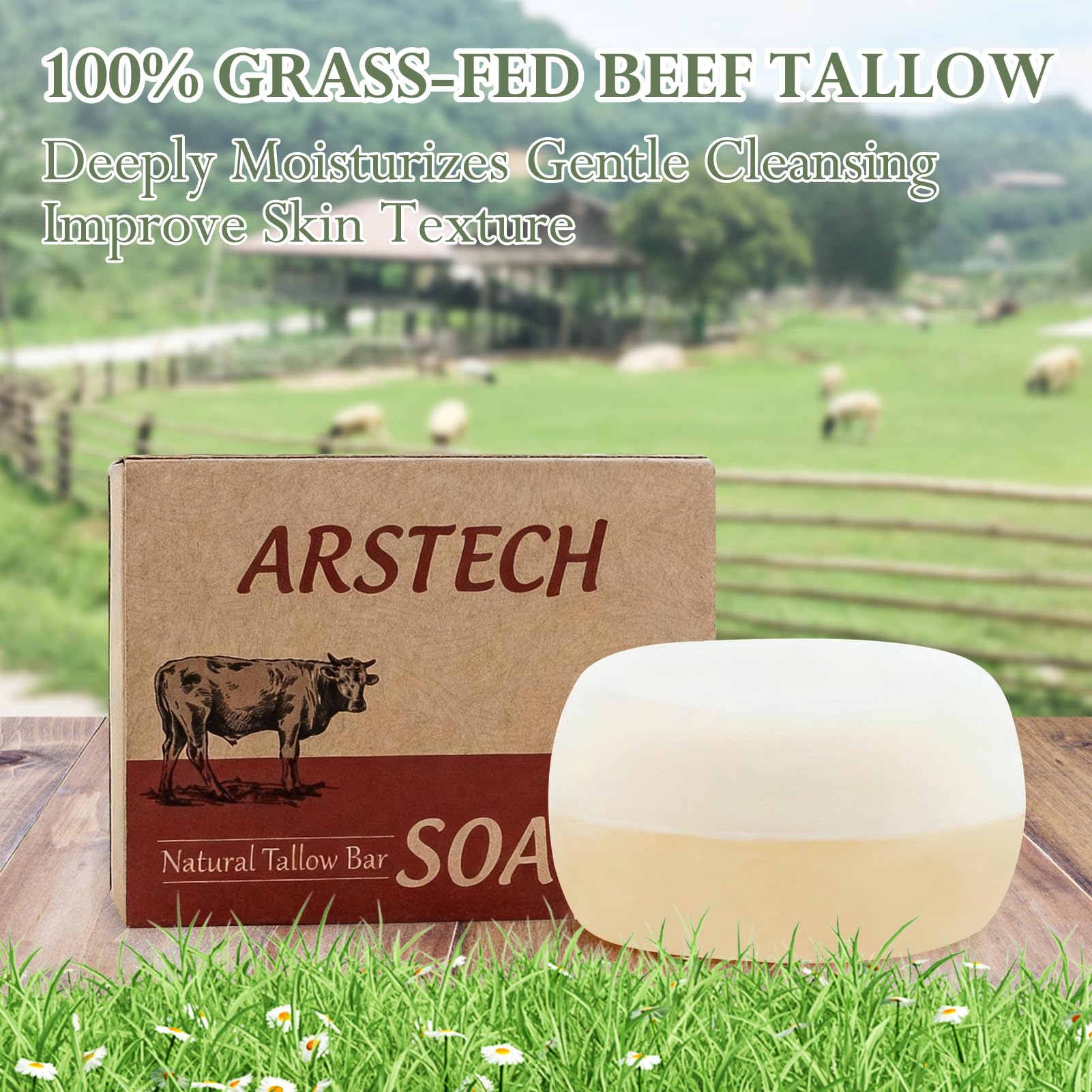 Arstech Beef Tallow Soap Bar – Natural Grass-Fed Tallow, Moisturizing Face & Body Wash (4 oz)