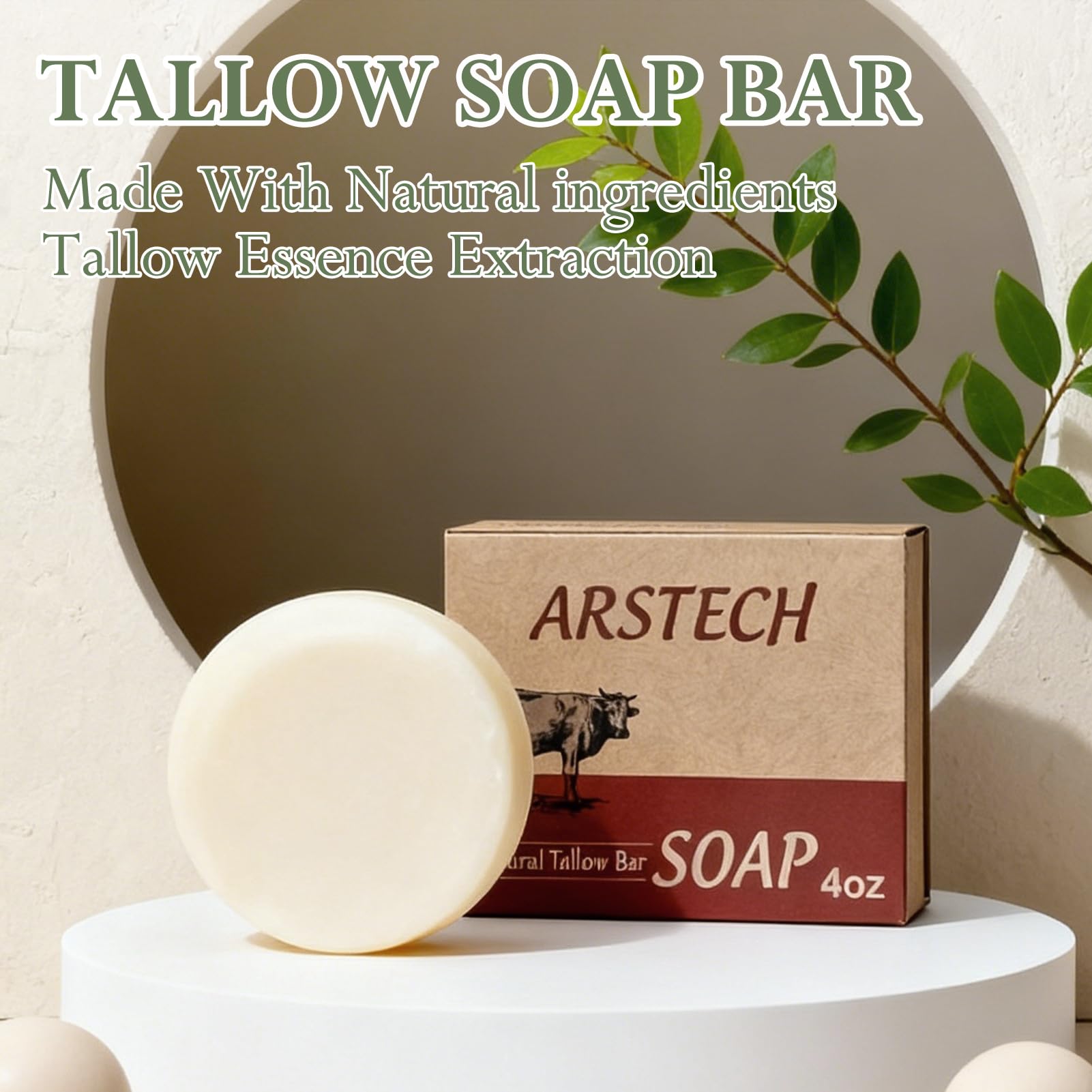 Arstech Beef Tallow Soap Bar – Natural Grass-Fed Tallow, Moisturizing Face & Body Wash (4 oz)