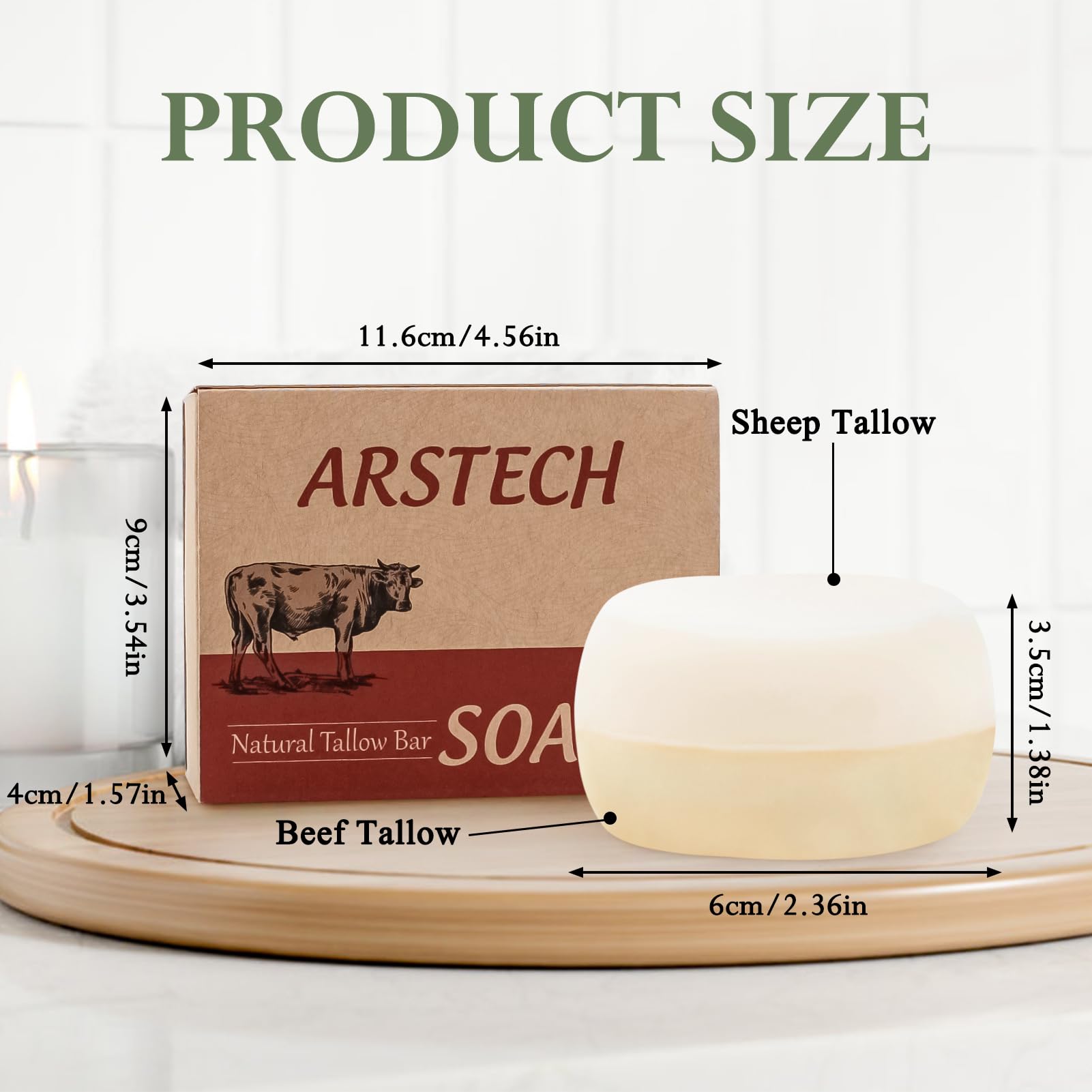 Arstech Beef Tallow Soap Bar – Natural Grass-Fed Tallow, Moisturizing Face & Body Wash (4 oz)