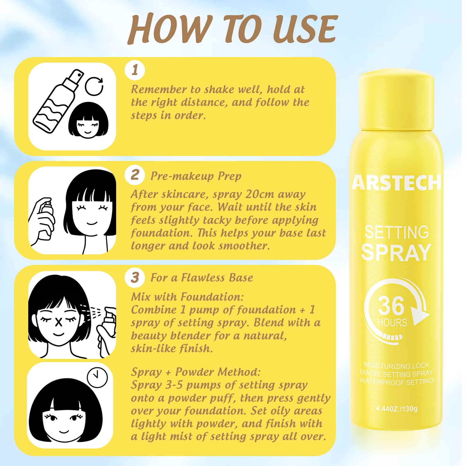 Arstech Setting Spray for Makeup – 36HR Wear, Vitamin C, Ultra-Fine Mist, Dewy Finish