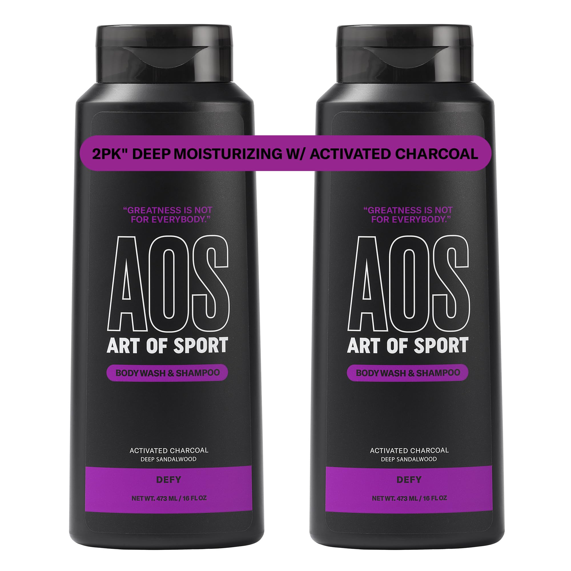 Art of Sport Men's 2-in-1 Body Wash & Shampoo with Activated Charcoal – Defy Scent, Sandalwood | 16 fl oz (Pack of 2)