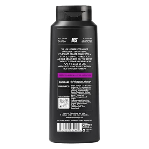 Art of Sport Men's 2-in-1 Body Wash & Shampoo with Activated Charcoal – Defy Scent, Sandalwood | 16 fl oz (Pack of 2)