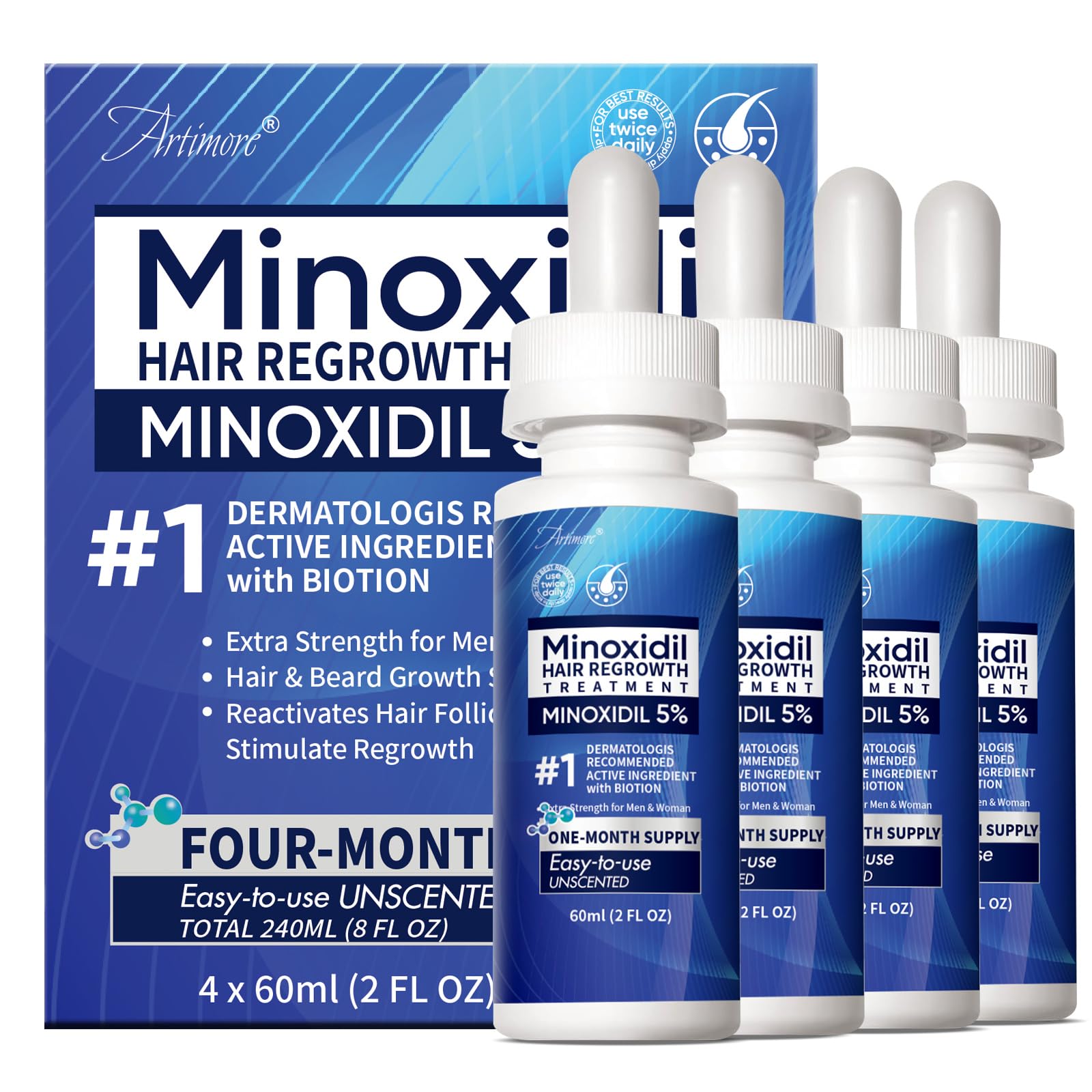 Artimore 5% Minoxidil Hair Growth Serum | Extra Strength, Unscented, 8 oz (4 bottles)