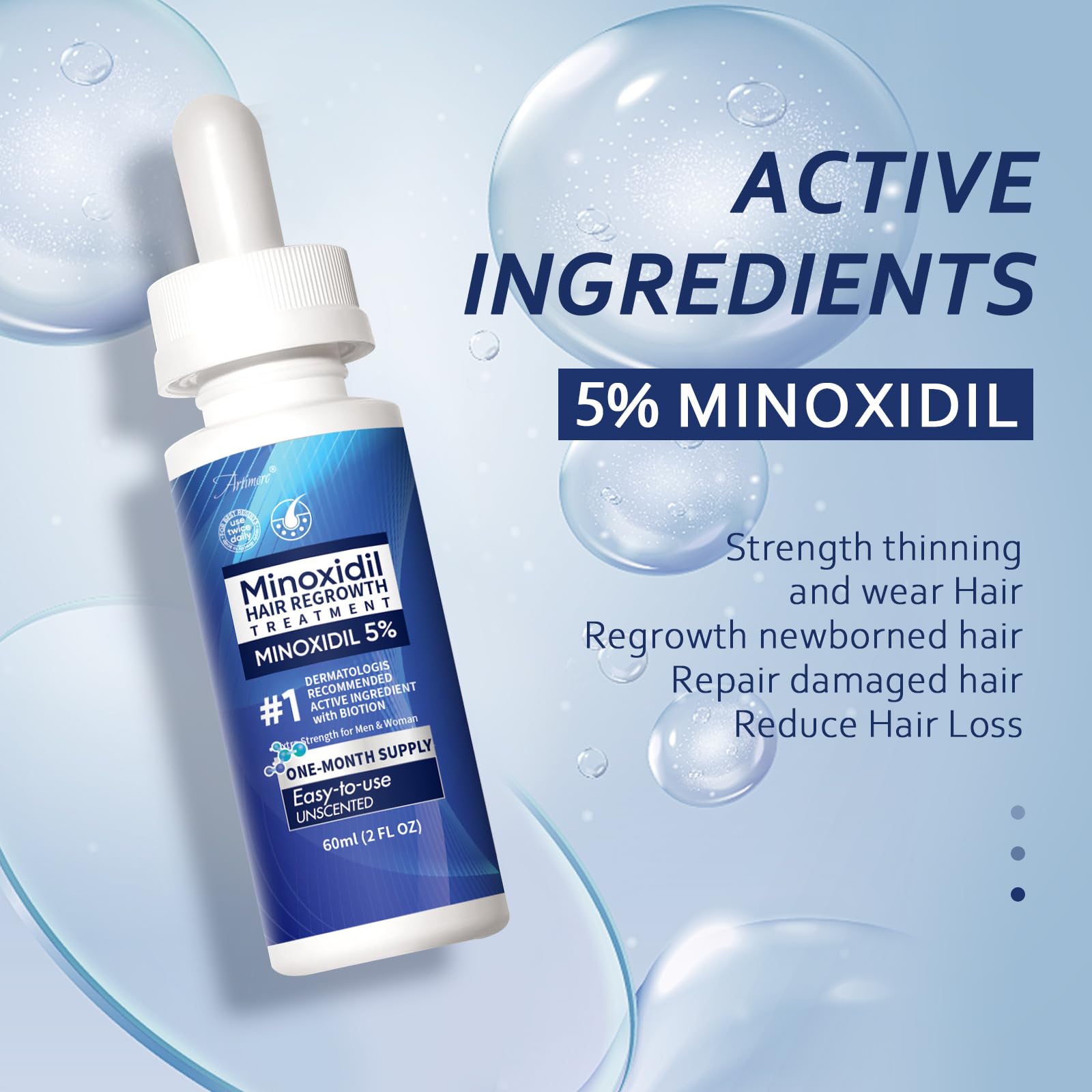 Artimore 5% Minoxidil Hair Growth Serum for Men & Women with Biotin — Extra Strength Topical Solution, 6 oz x 3 Pack