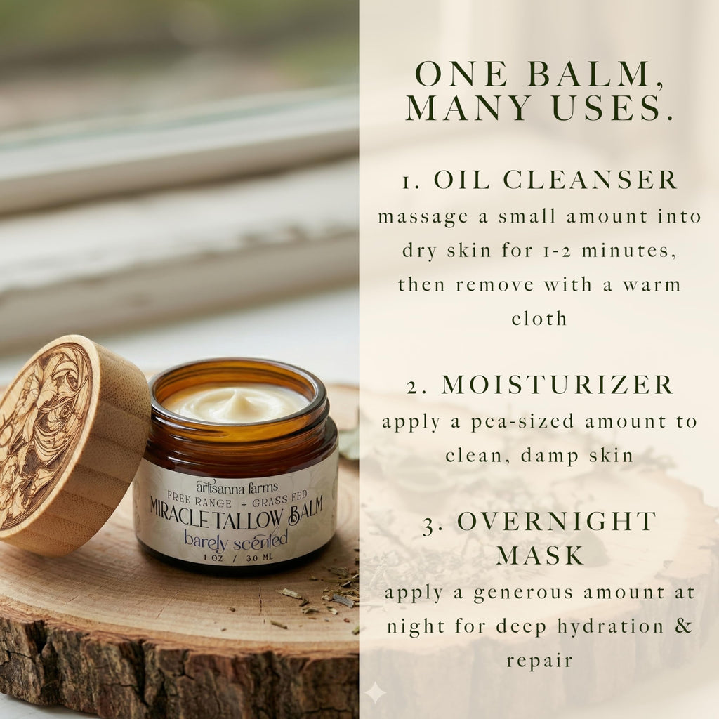 Artisanna Farms Miracle Tallow Balm – Hand-Crafted in the USA with Manuka Honey, Grass-Fed Tallow & Herbal Infusions (1 oz, Barely Scented)