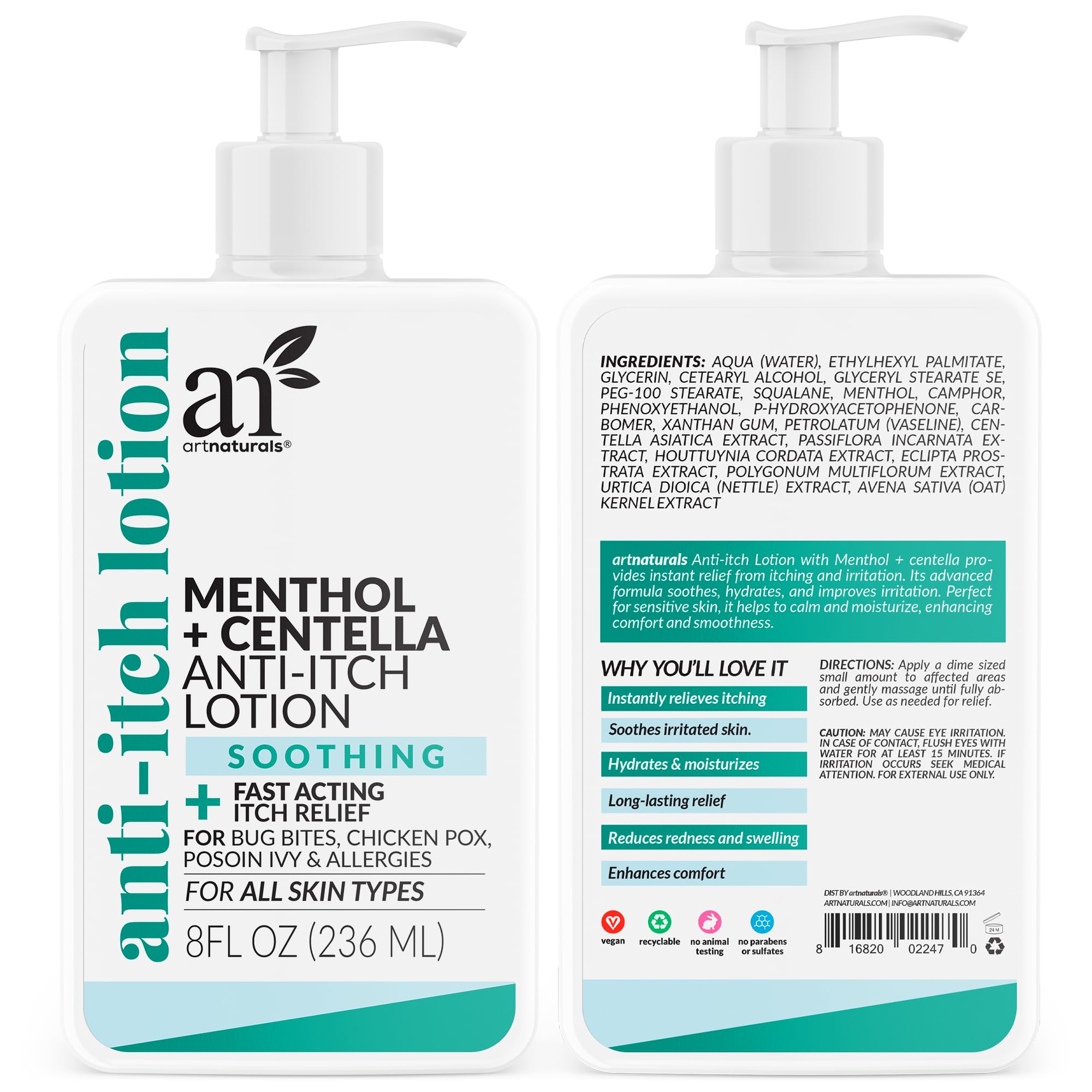 Artnaturals Anti-Itch Lotion with Menthol & Centella – Soothing Relief, 8 fl oz (2-Pack)