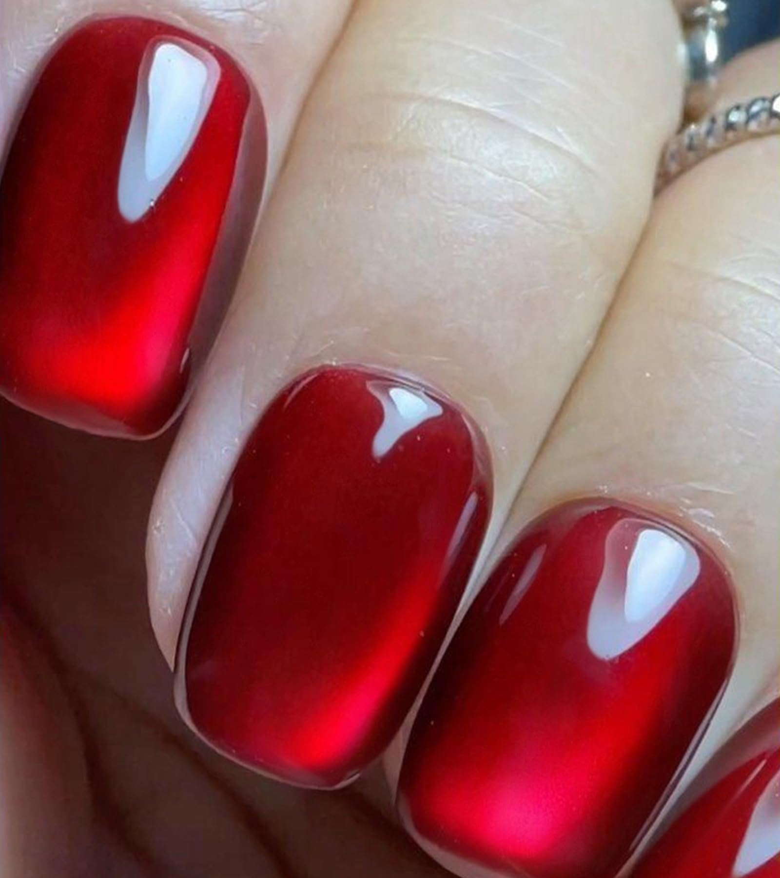 Artquee Red Cat Eye Press-On Nails Kit – 30pcs, 15 Sizes, Glossy Reusable Square Nails