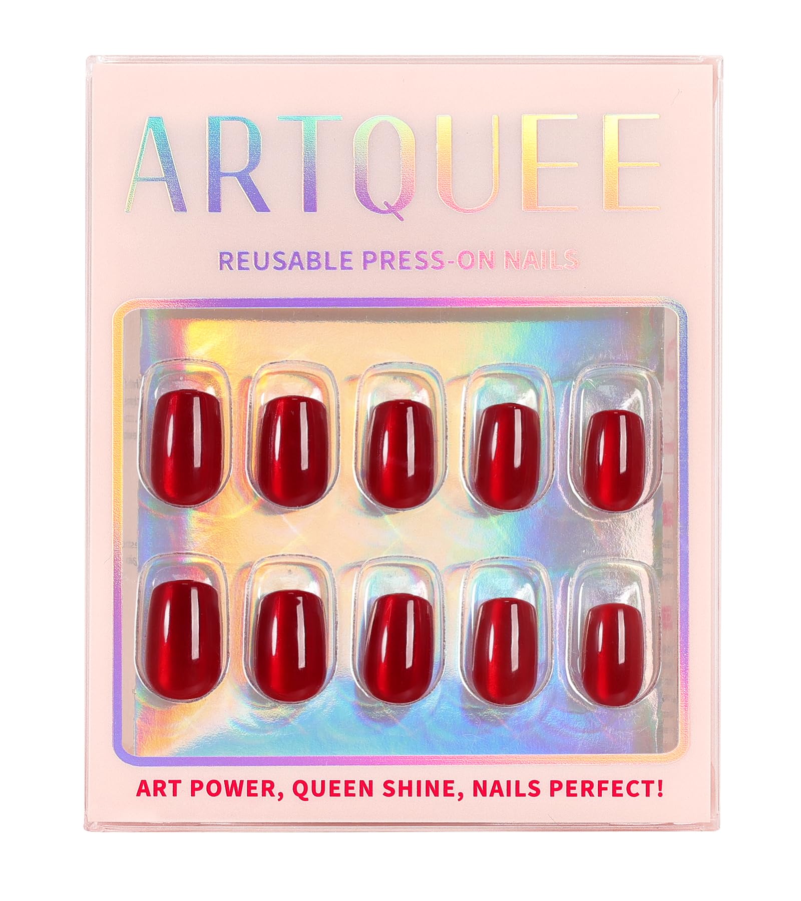 Artquee Red Cat Eye Press-On Nails Kit – 30pcs, 15 Sizes, Glossy Reusable Square Nails