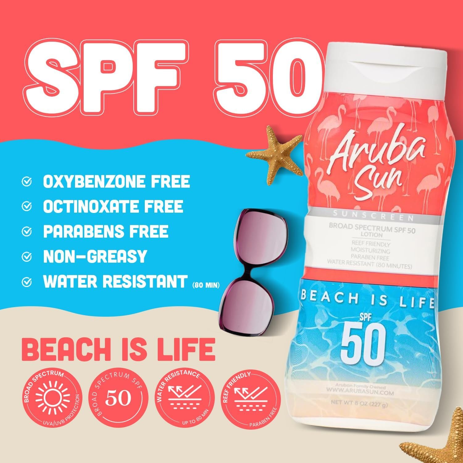 Aruba Sun SPF 50 Sunscreen Lotion 16oz 2-Pack | Reef-Safe, No Oxybenzone or Octinoxate | Broad-Spectrum UVA/UVB, Waterproof & Non-Greasy