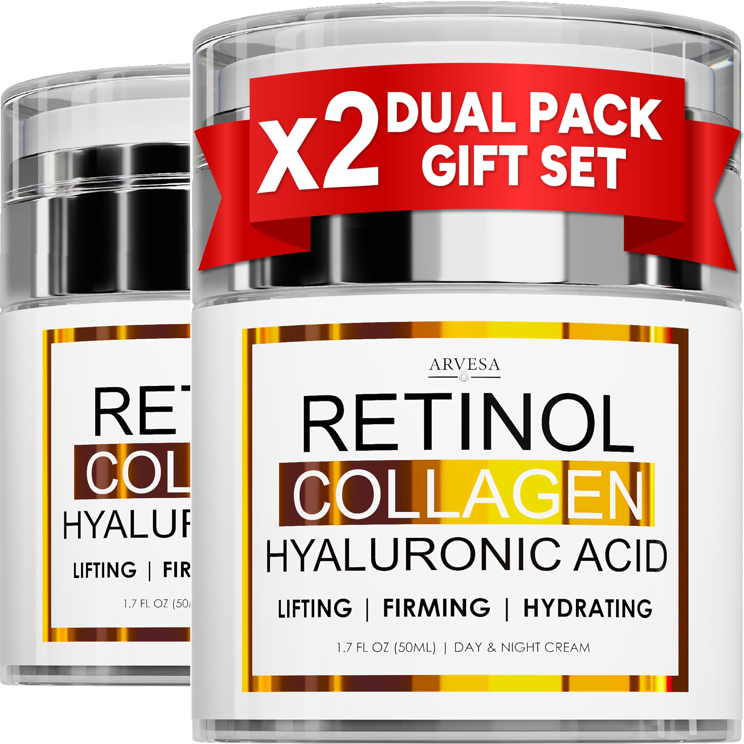 Arvesa 2 Pack Retinol Cream with Collagen & Hyaluronic Acid – Anti Aging Day & Night Moisturizer