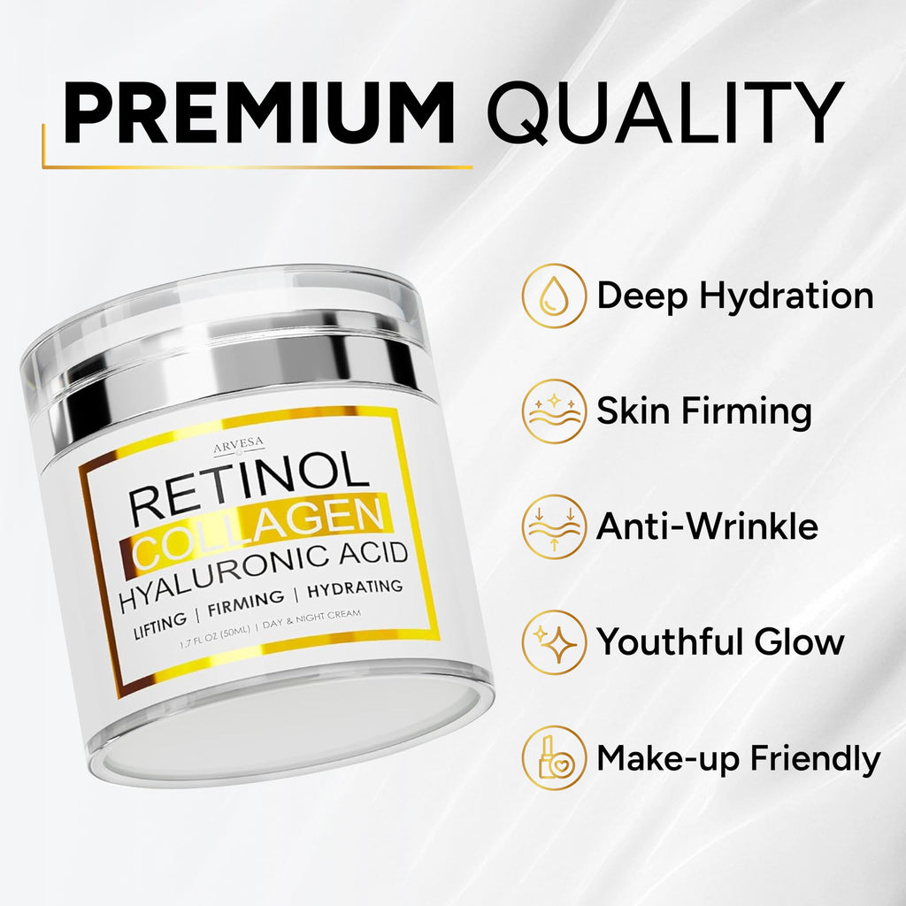 Arvesa 2 Pack Retinol Cream with Collagen & Hyaluronic Acid – Anti Aging Day & Night Moisturizer