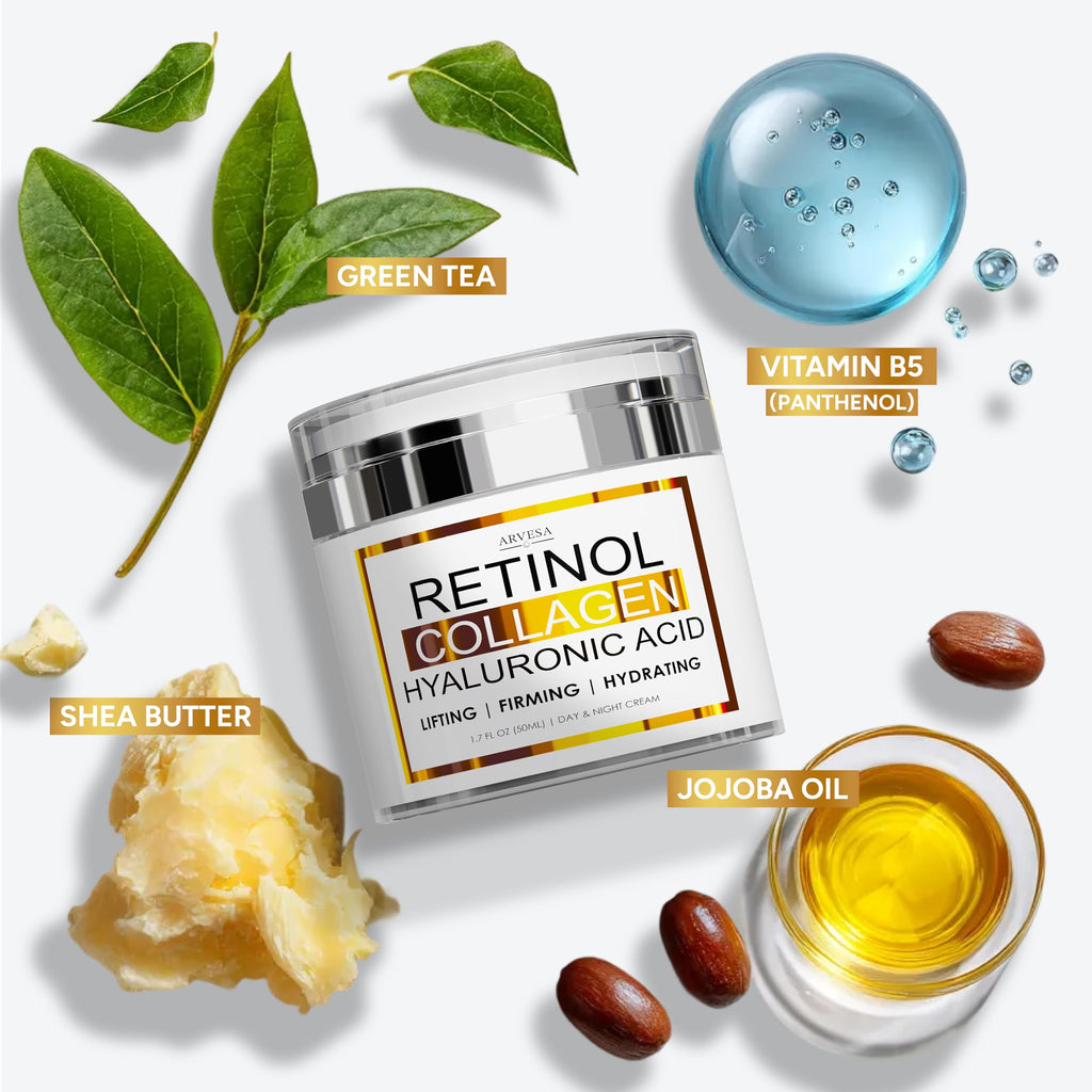 Arvesa 2 Pack Retinol Cream with Collagen & Hyaluronic Acid – Anti Aging Day & Night Moisturizer