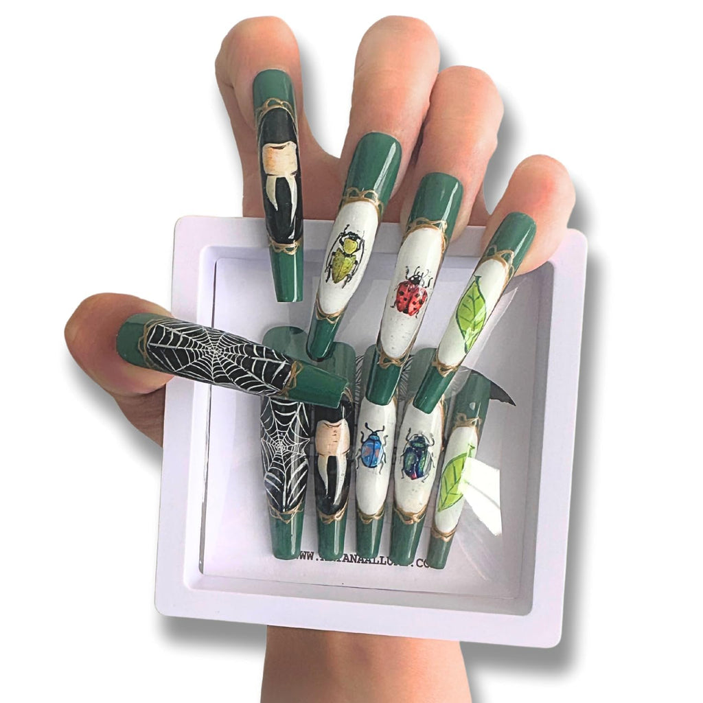 ARYANA NEW YORK Press On Nails Coffin 10pc Set – Handmade, Reusable, Luxury Long Nails | Beetles Collection