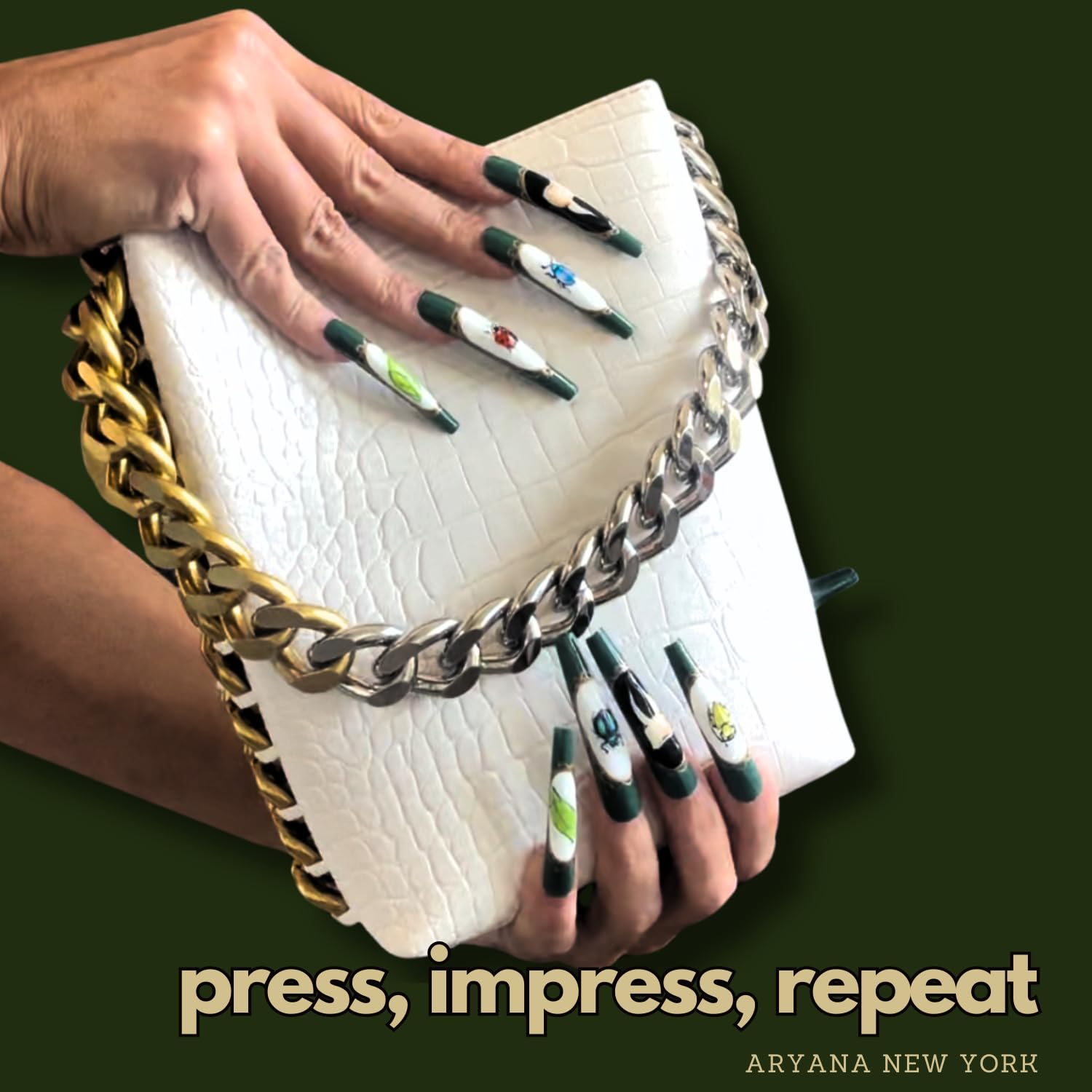 ARYANA NEW YORK Press On Nails Coffin 10pc Set – Handmade, Reusable, Luxury Long Nails | Beetles Collection