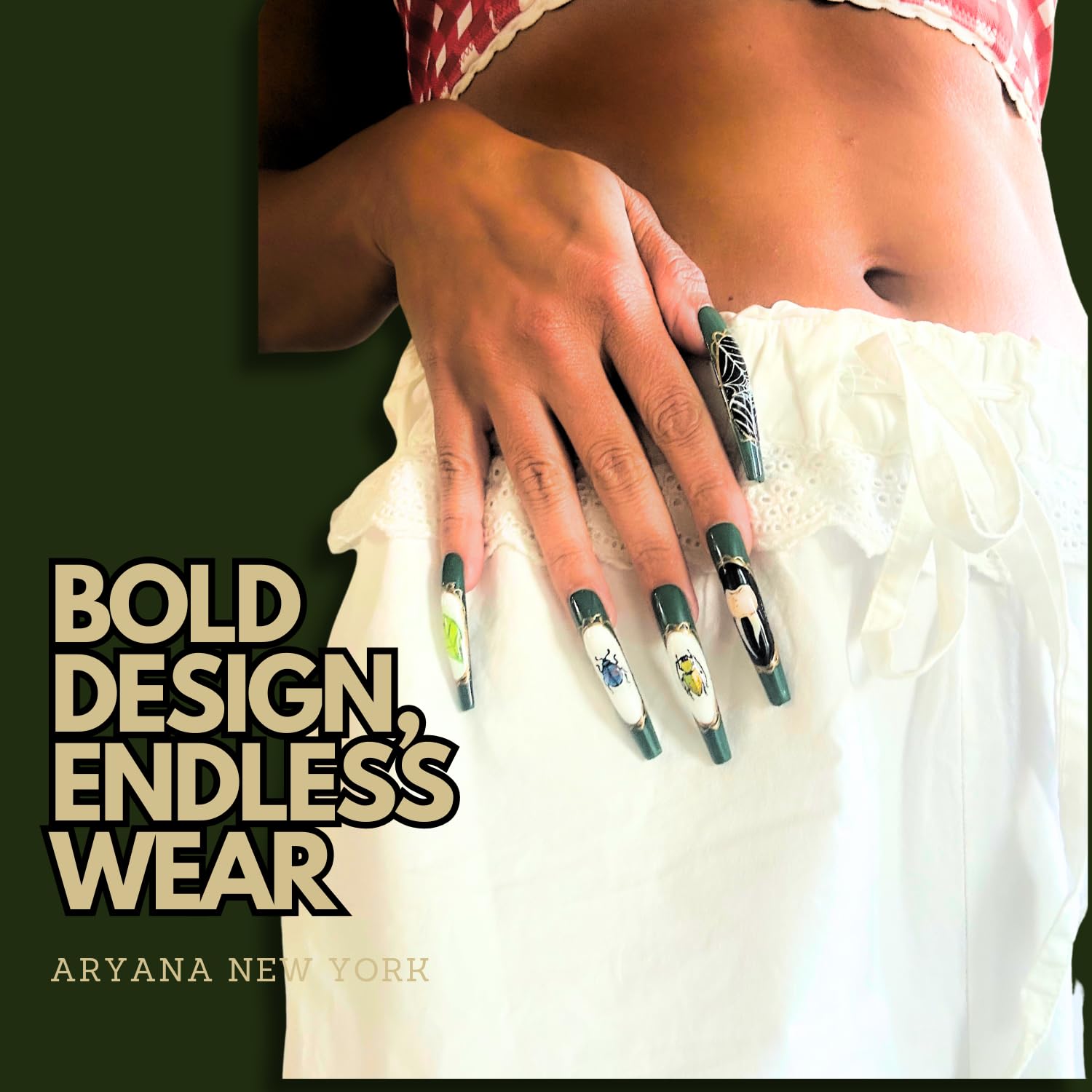 ARYANA NEW YORK Press On Nails Coffin 10pc Set – Handmade, Reusable, Luxury Long Nails | Beetles Collection