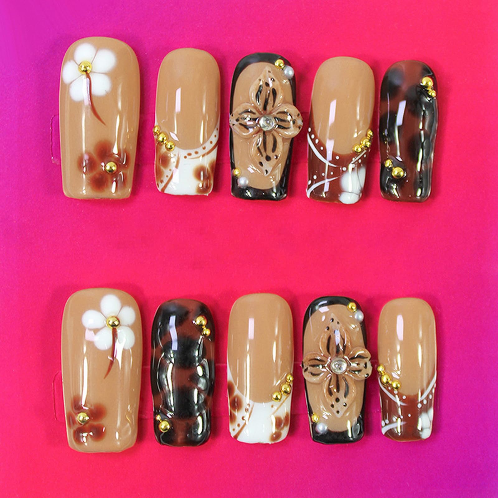 ASABITE 10Pcs Handmade Coffin Press-On Nails with 3D Flower Design