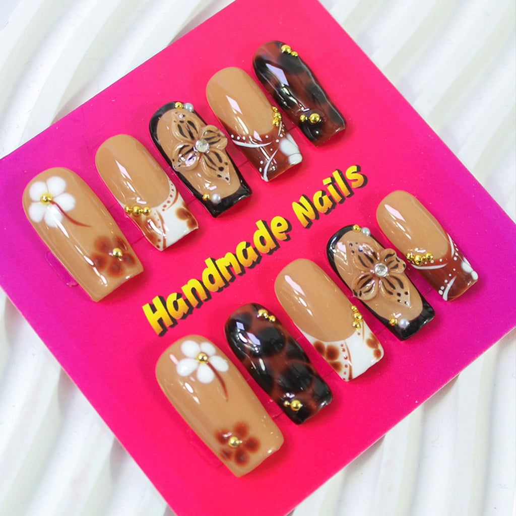 ASABITE 10Pcs Handmade Coffin Press-On Nails with 3D Flower Design