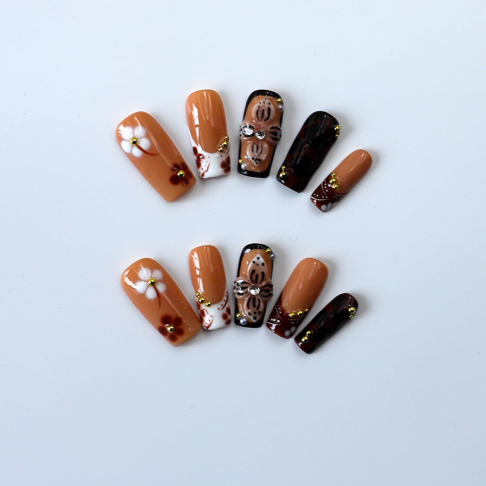 ASABITE 10Pcs Handmade Coffin Press-On Nails with 3D Flower Design