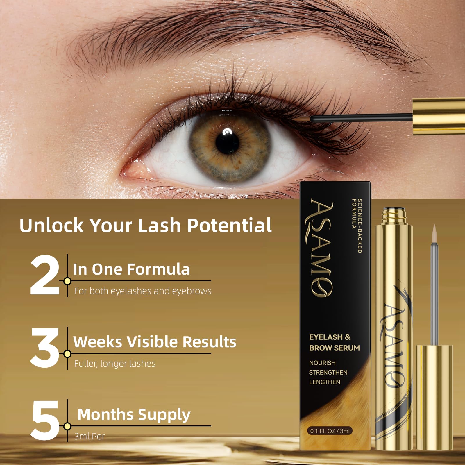 ASAMO Pure Gold Eyelash & Eyebrow Growth Serum – 15 Plant Extracts