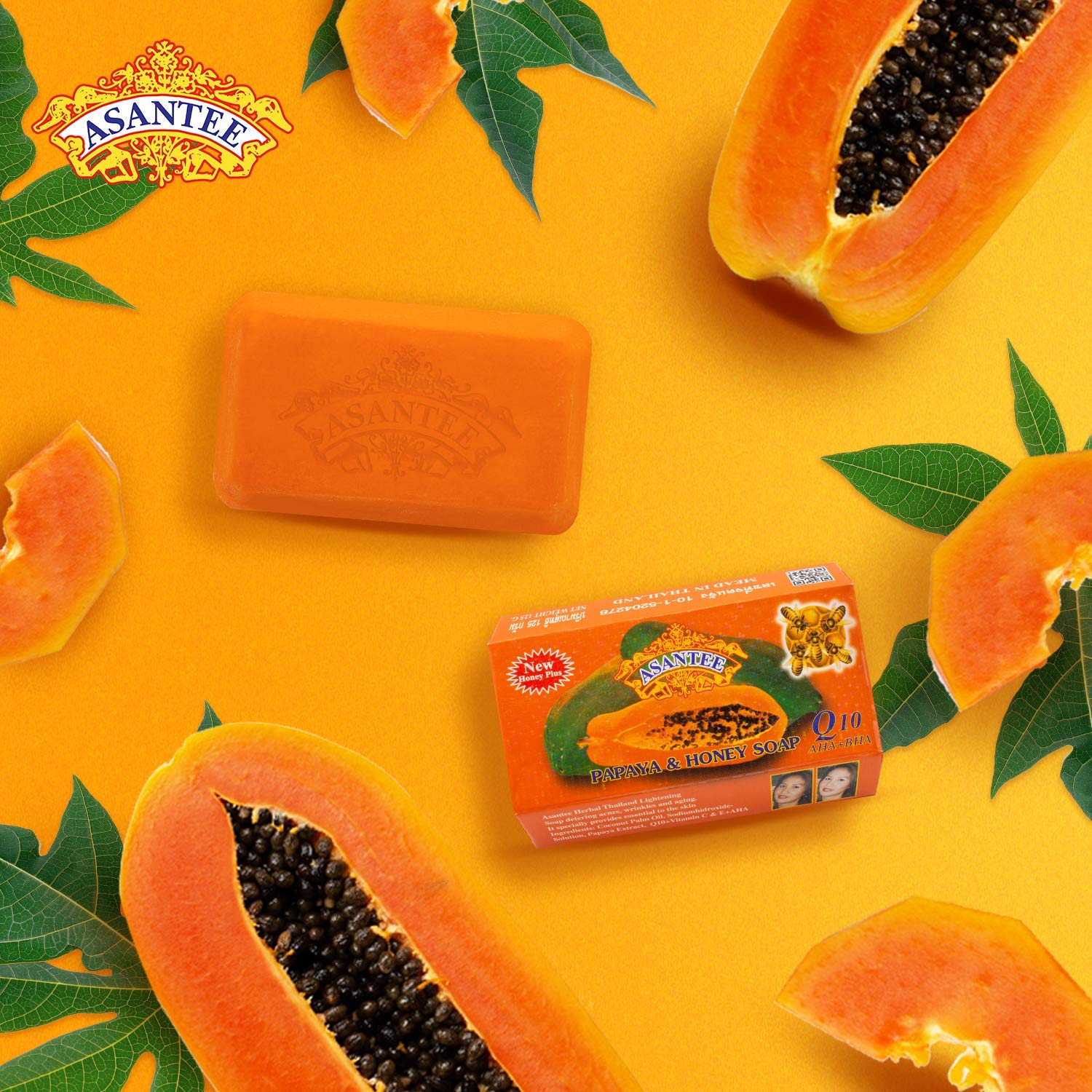 ASANTEE Papaya & Honey Soap Bars – Vitamin C, E & Q10, 3-Pack (4.4 oz each)