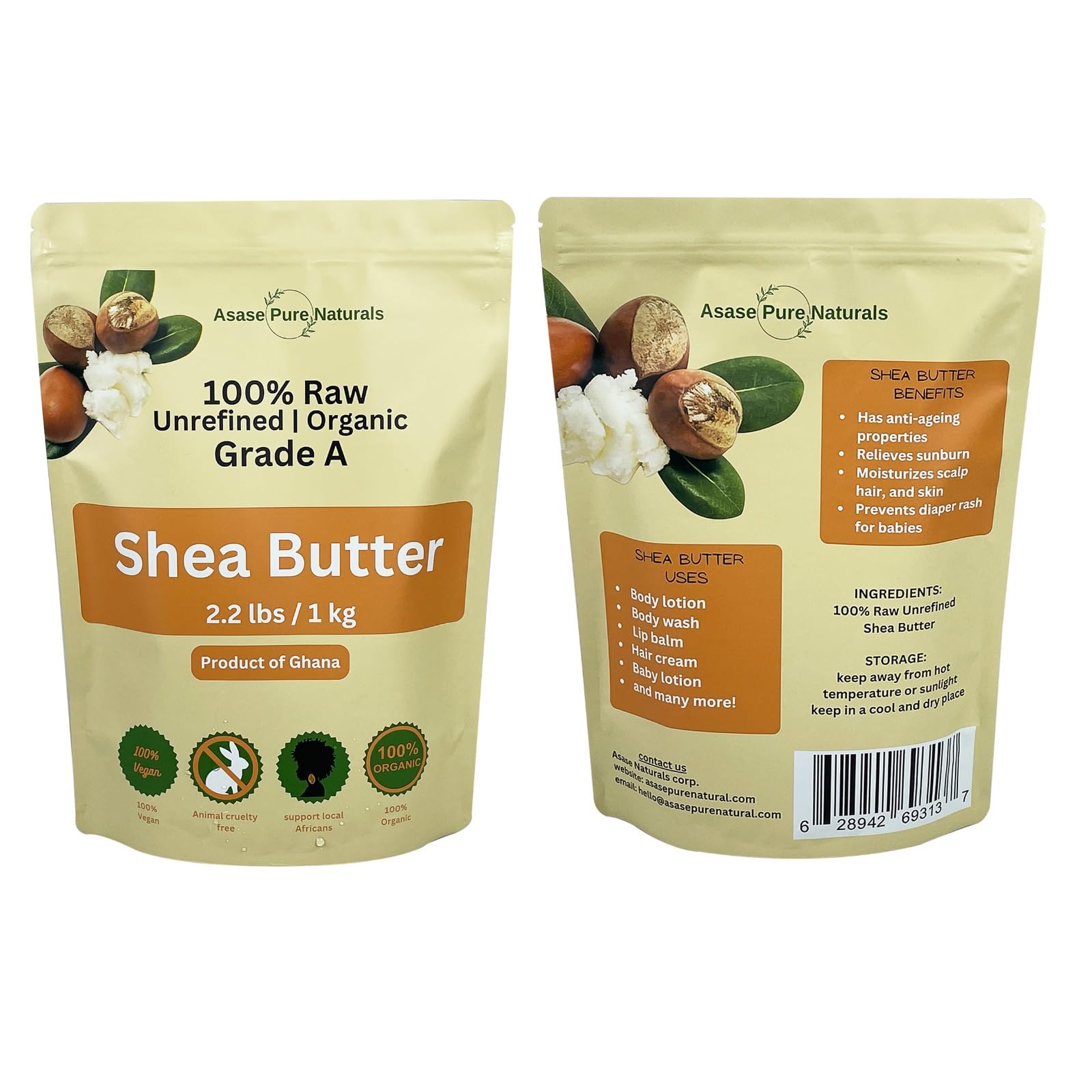 Asase Pure Naturals Organic Shea Butter – Raw, Unrefined Grade A, 1 lb from Ghana