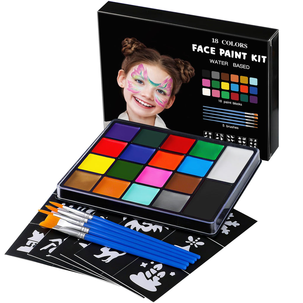 Asddage Face Painting Kit for Kids — 18 Colors, Brushes & 30 Stencils