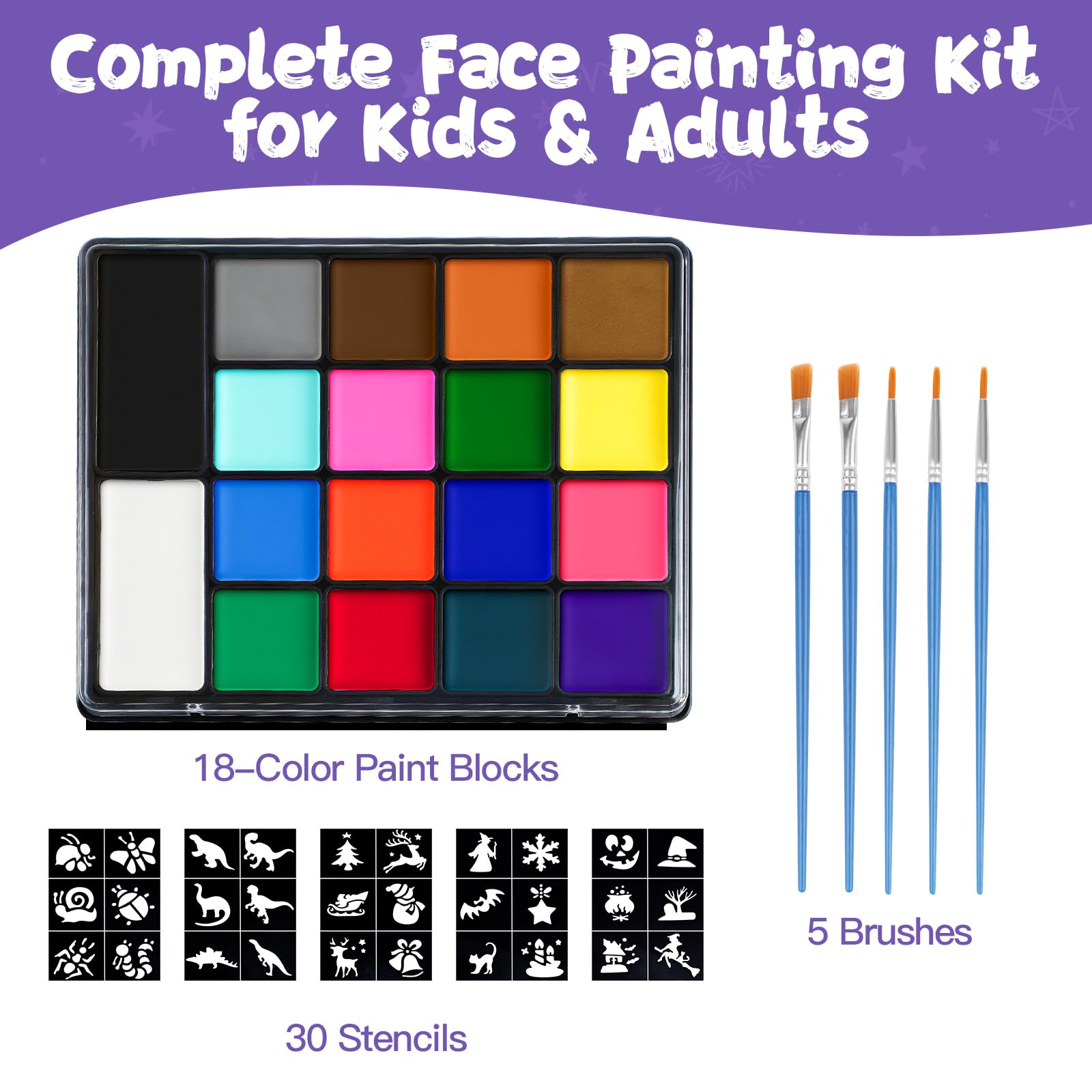 Asddage Face Painting Kit for Kids — 18 Colors, Brushes & 30 Stencils