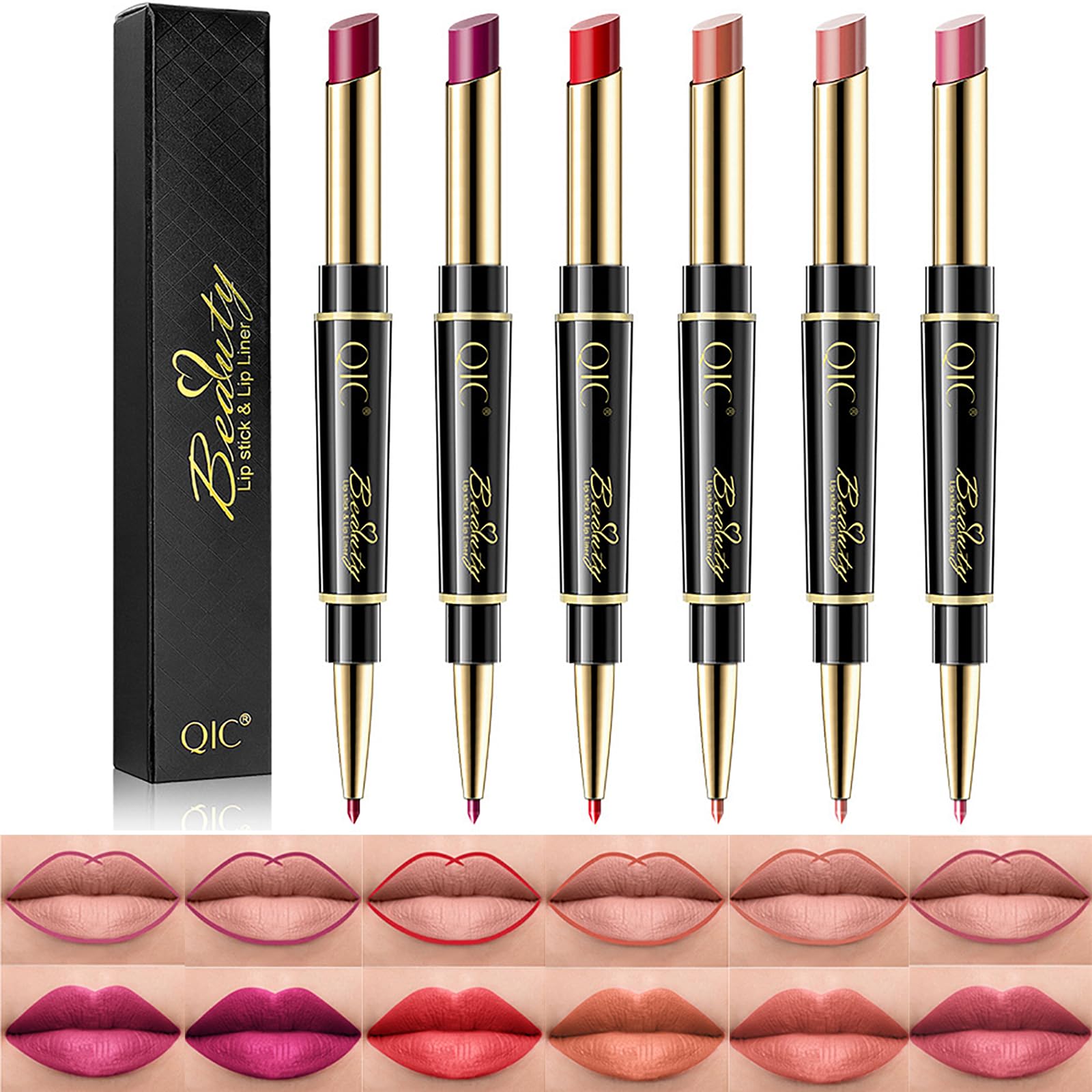 Aseawave 6Pcs Lip Liner & Lipstick Set — Matte, Long-Lasting, Waterproof (Purple Red to Ruby Red)