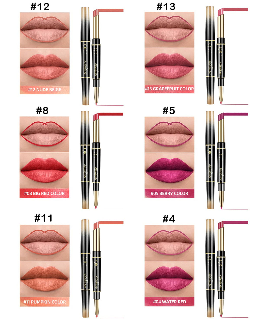 Aseawave 6Pcs Lip Liner & Lipstick Set — Matte, Long-Lasting, Waterproof (Purple Red to Ruby Red)